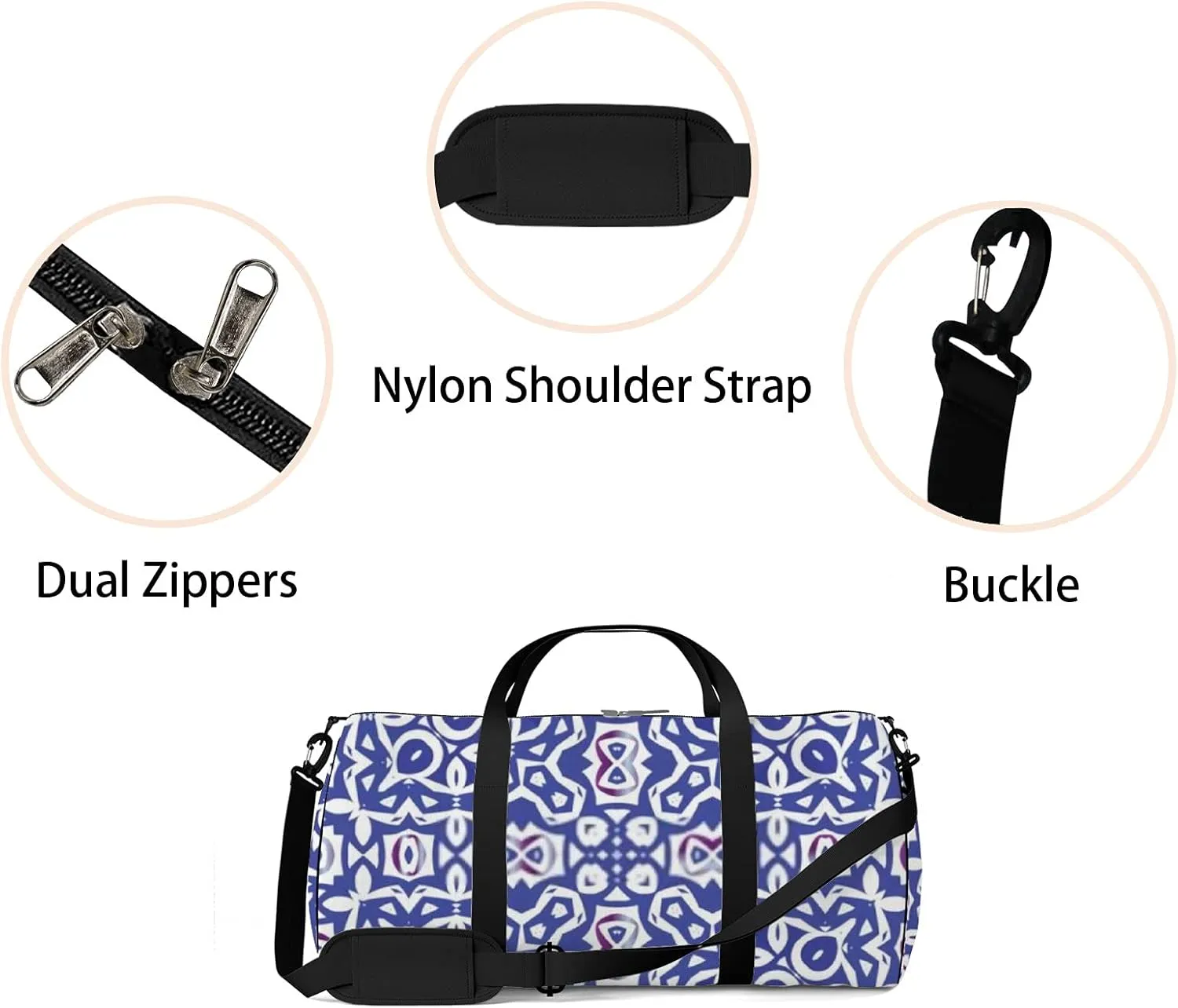 Retro Navy Blue Oriental Ornament Pattern Sports Bag Tote Bag Waterproof Gym Bag with Shoulder Strap Zipper 2 Side Pockets for Men and Women, Travel and Storage Shoulder Bag.