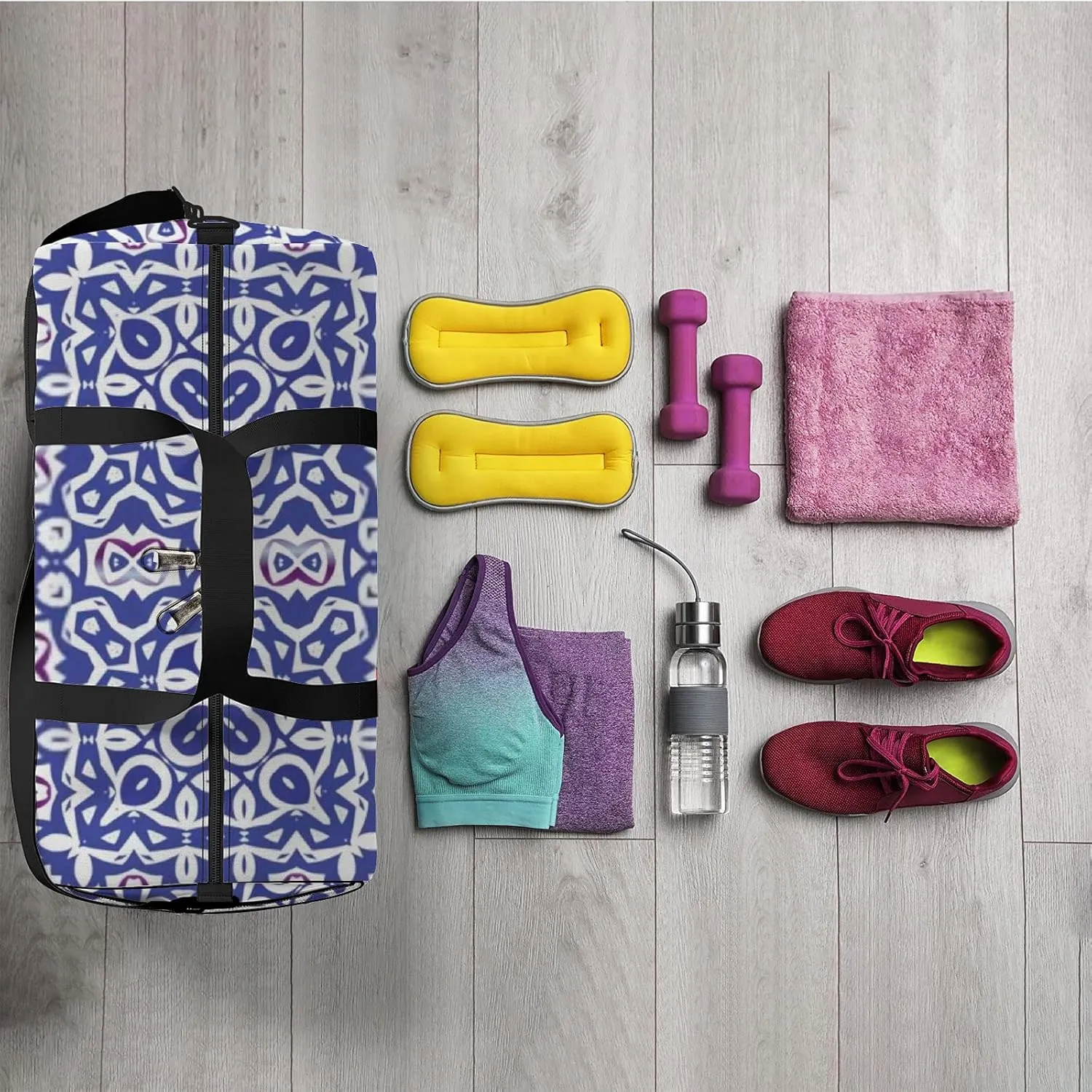Retro Navy Blue Oriental Ornament Pattern Sports Bag Tote Bag Waterproof Gym Bag with Shoulder Strap Zipper 2 Side Pockets for Men and Women, Travel and Storage Shoulder Bag.