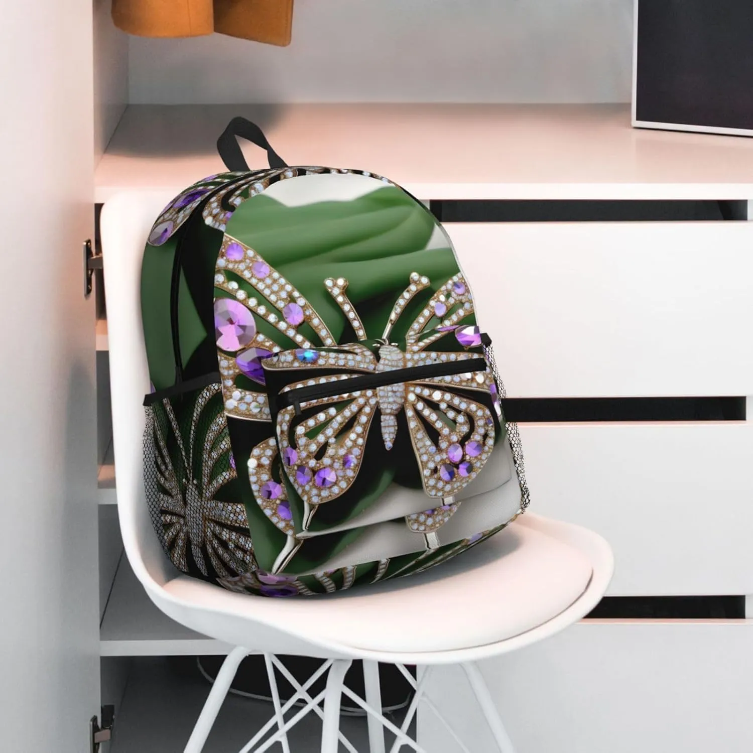 Rhinestone Butterfly Print Backpack For Women Men, Laptop Bookbag,Lightweight Casual Travel Daypack