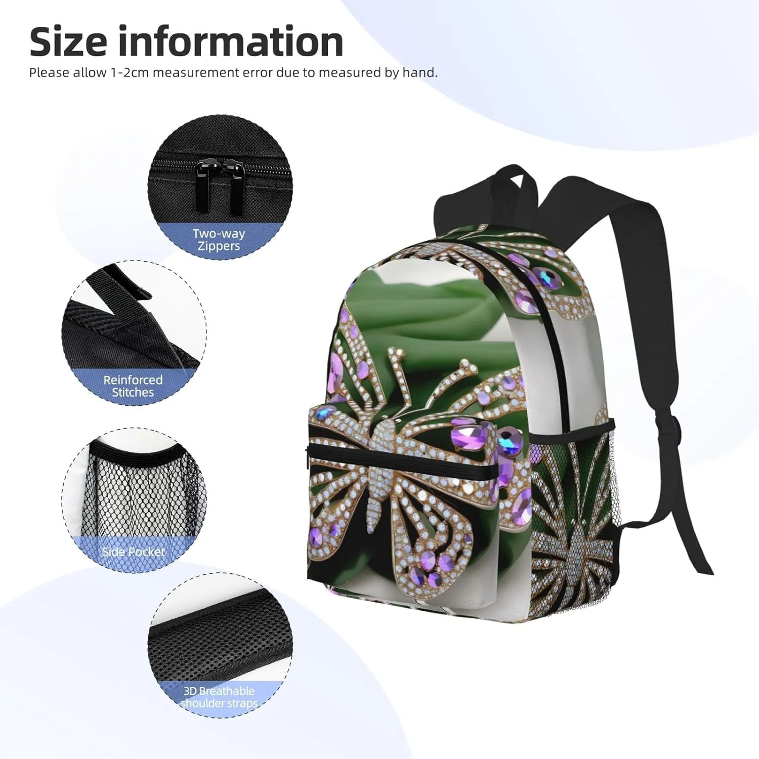 Rhinestone Butterfly Print Backpack For Women Men, Laptop Bookbag,Lightweight Casual Travel Daypack
