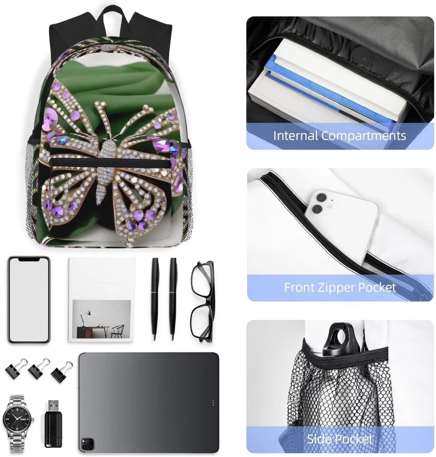 Rhinestone Butterfly Print Backpack For Women Men, Laptop Bookbag,Lightweight Casual Travel Daypack