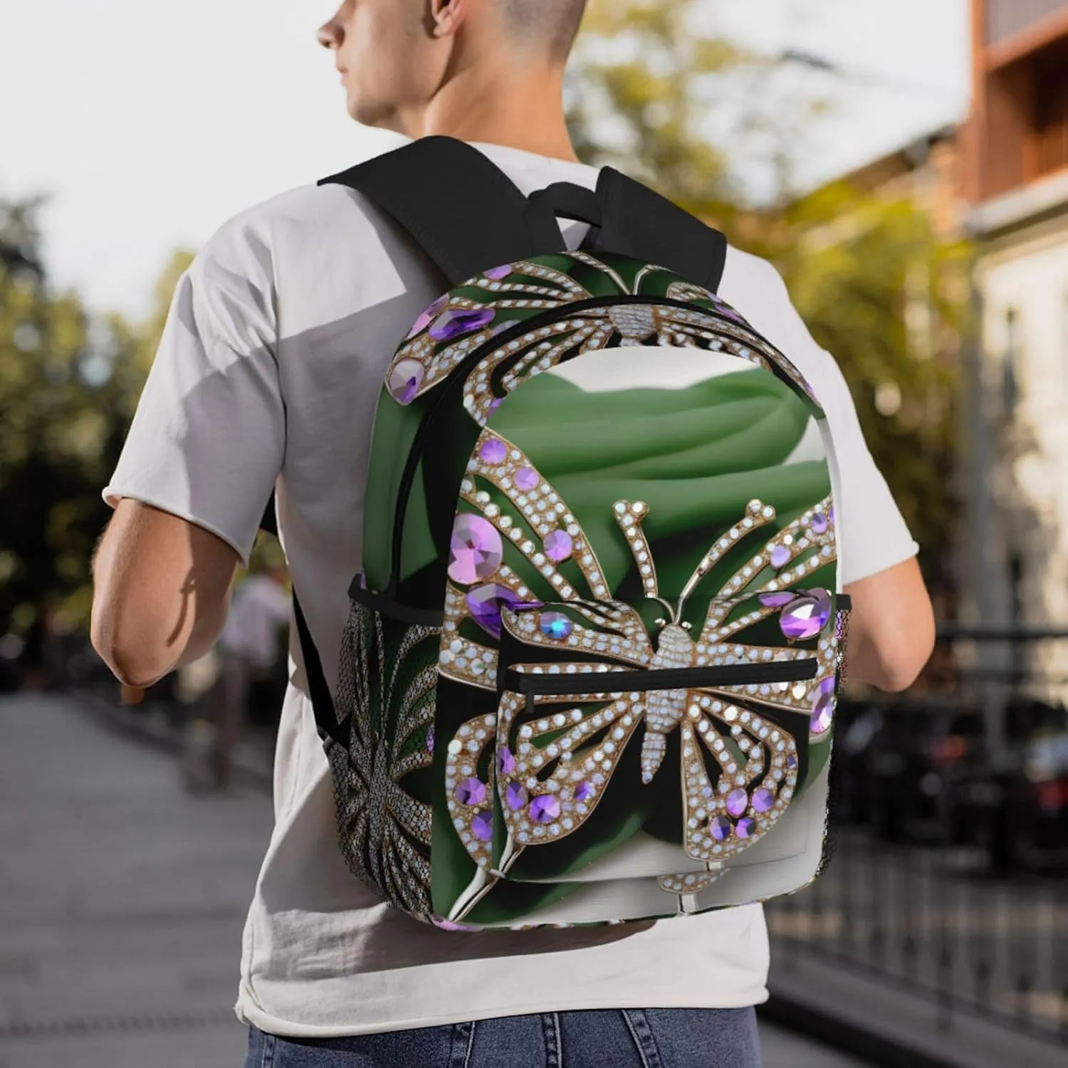 Rhinestone Butterfly Print Backpack For Women Men, Laptop Bookbag,Lightweight Casual Travel Daypack