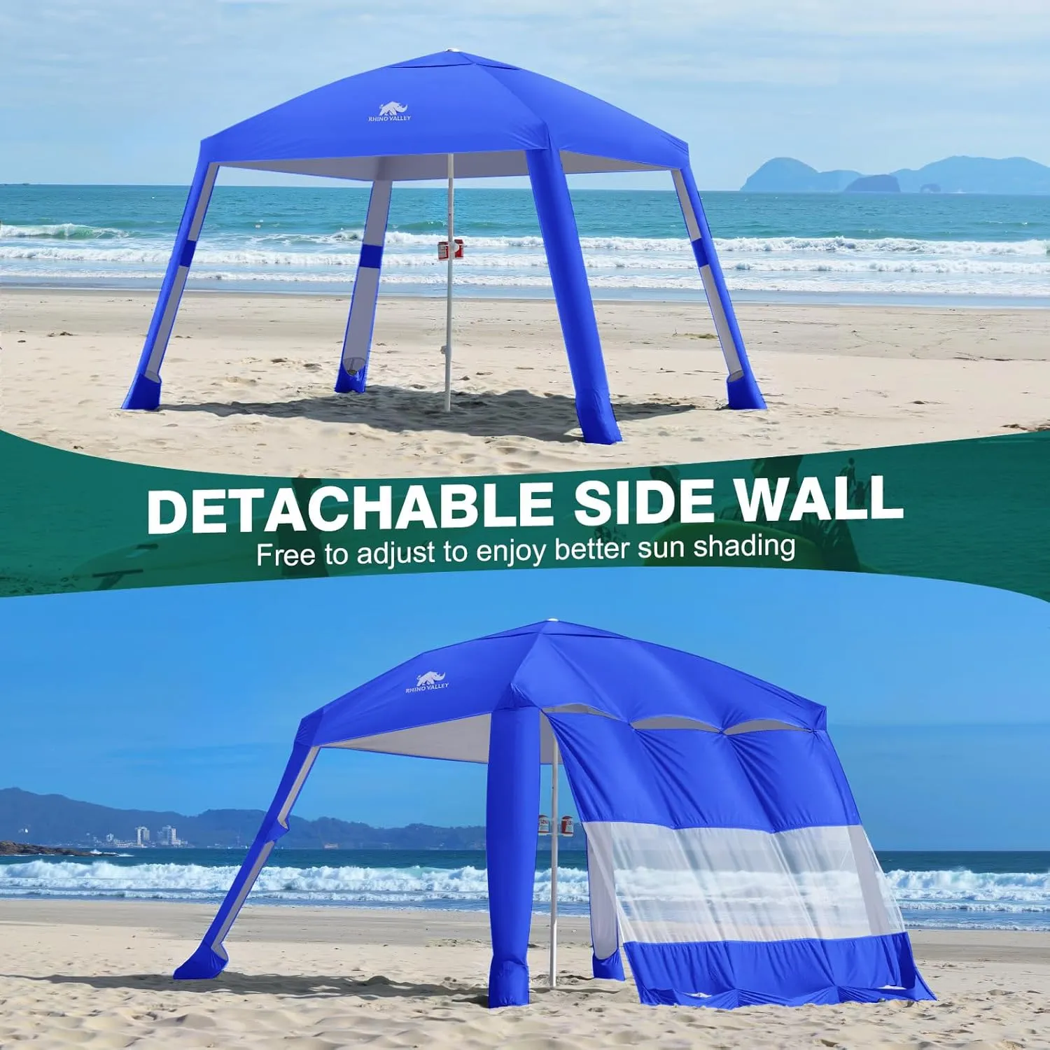 Rhino Valley Beach Cabana with Cup Holder, 8 * 8FT Foldable Beach Tent UPF50  Protection, Windproof Stable Beach Canopy Easy Setup, Portable Beach Cabana Tent Camping with Family, Indigo