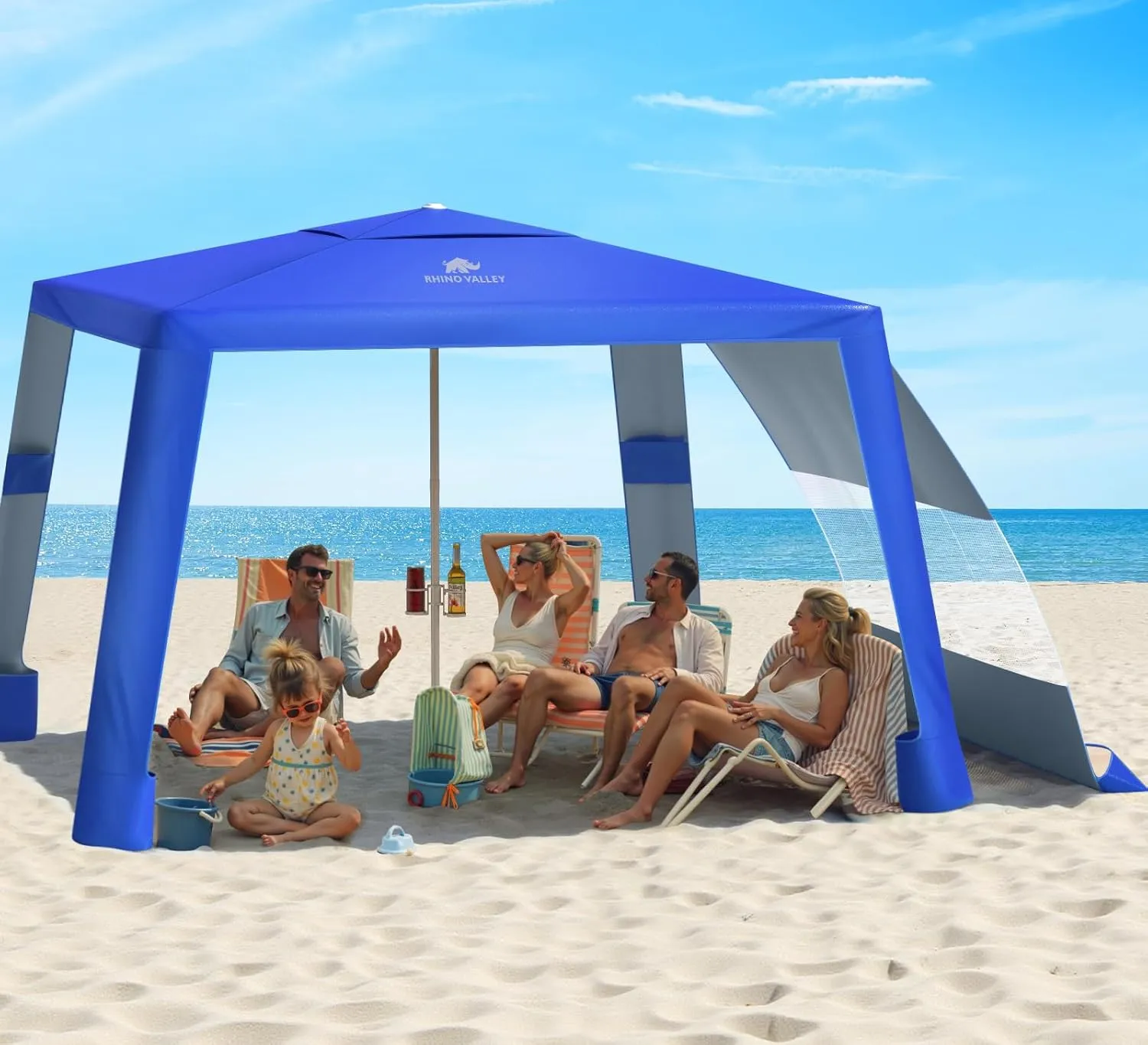 Rhino Valley Beach Cabana with Cup Holder, 8 * 8FT Foldable Beach Tent UPF50  Protection, Windproof Stable Beach Canopy Easy Setup, Portable Beach Cabana Tent Camping with Family, Indigo