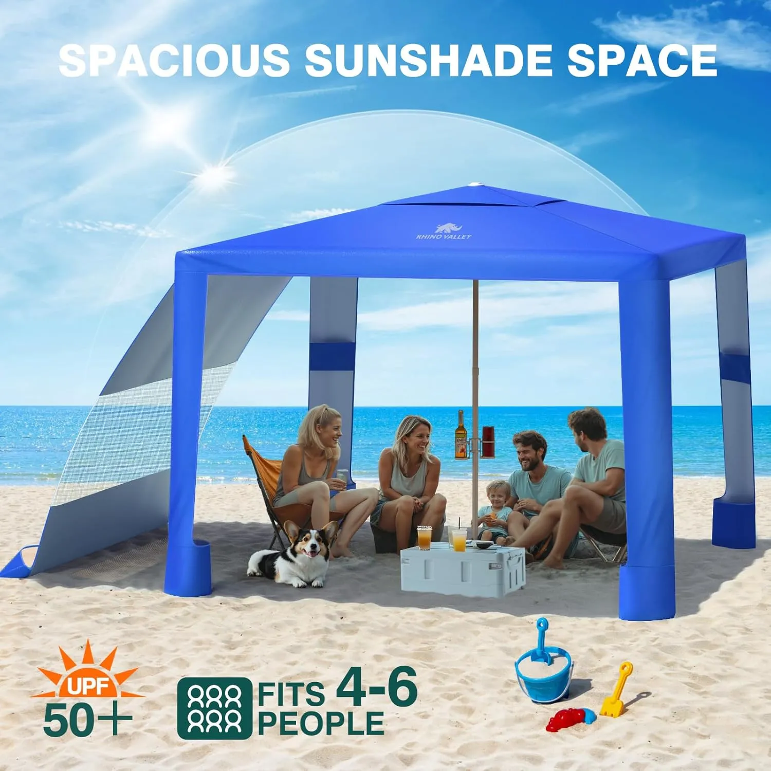 Rhino Valley Beach Cabana with Cup Holder, 8 * 8FT Foldable Beach Tent UPF50  Protection, Windproof Stable Beach Canopy Easy Setup, Portable Beach Cabana Tent Camping with Family, Indigo