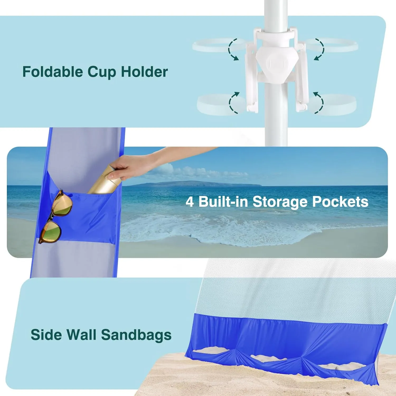 Rhino Valley Beach Cabana with Cup Holder, 8 * 8FT Foldable Beach Tent UPF50  Protection, Windproof Stable Beach Canopy Easy Setup, Portable Beach Cabana Tent Camping with Family, Indigo