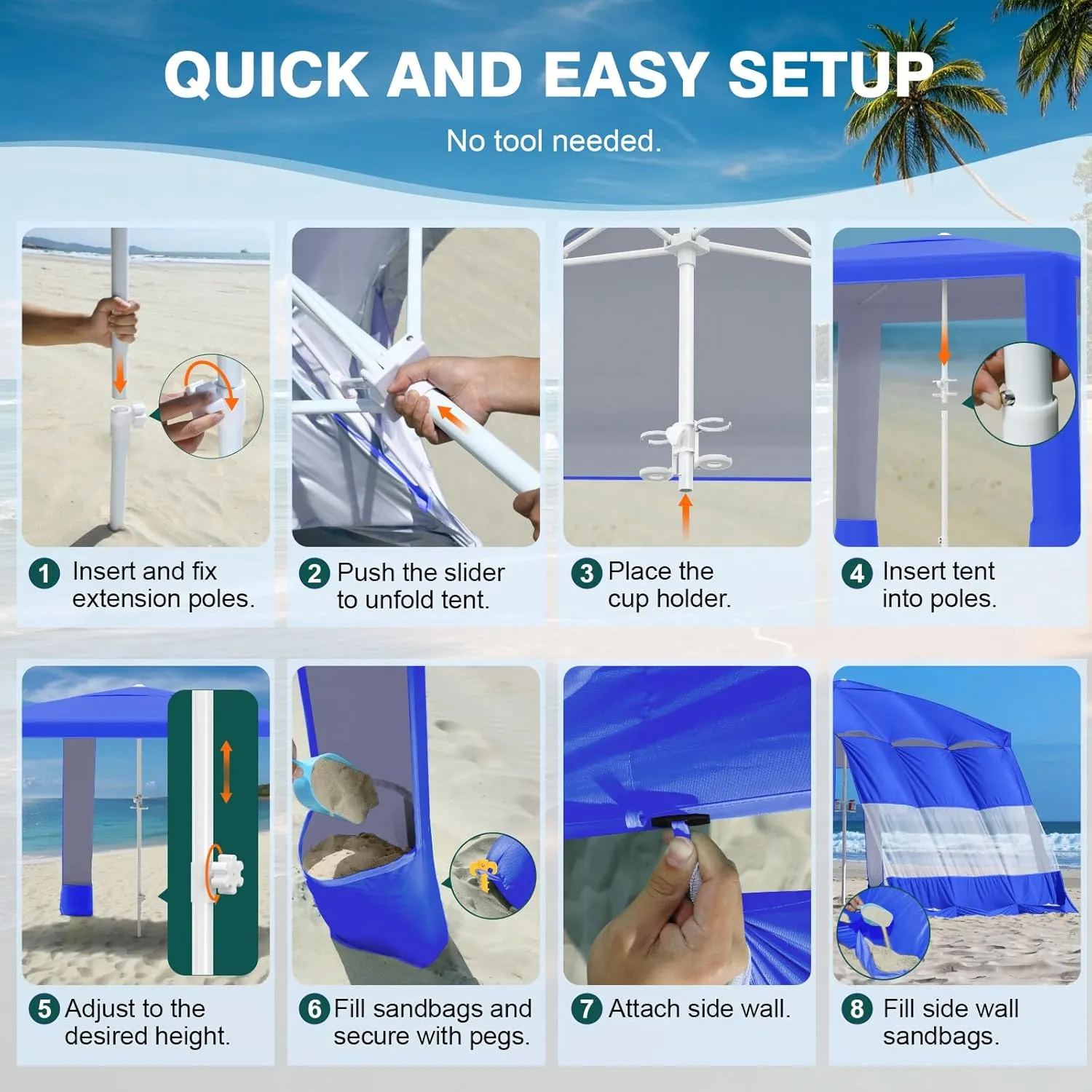 Rhino Valley Beach Cabana with Cup Holder, 8 * 8FT Foldable Beach Tent UPF50  Protection, Windproof Stable Beach Canopy Easy Setup, Portable Beach Cabana Tent Camping with Family, Indigo
