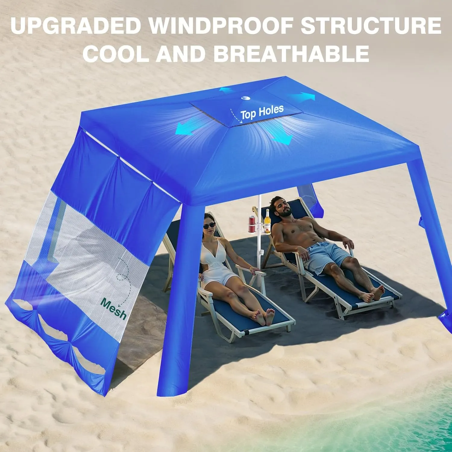 Rhino Valley Beach Cabana with Cup Holder, 8 * 8FT Foldable Beach Tent UPF50  Protection, Windproof Stable Beach Canopy Easy Setup, Portable Beach Cabana Tent Camping with Family, Indigo