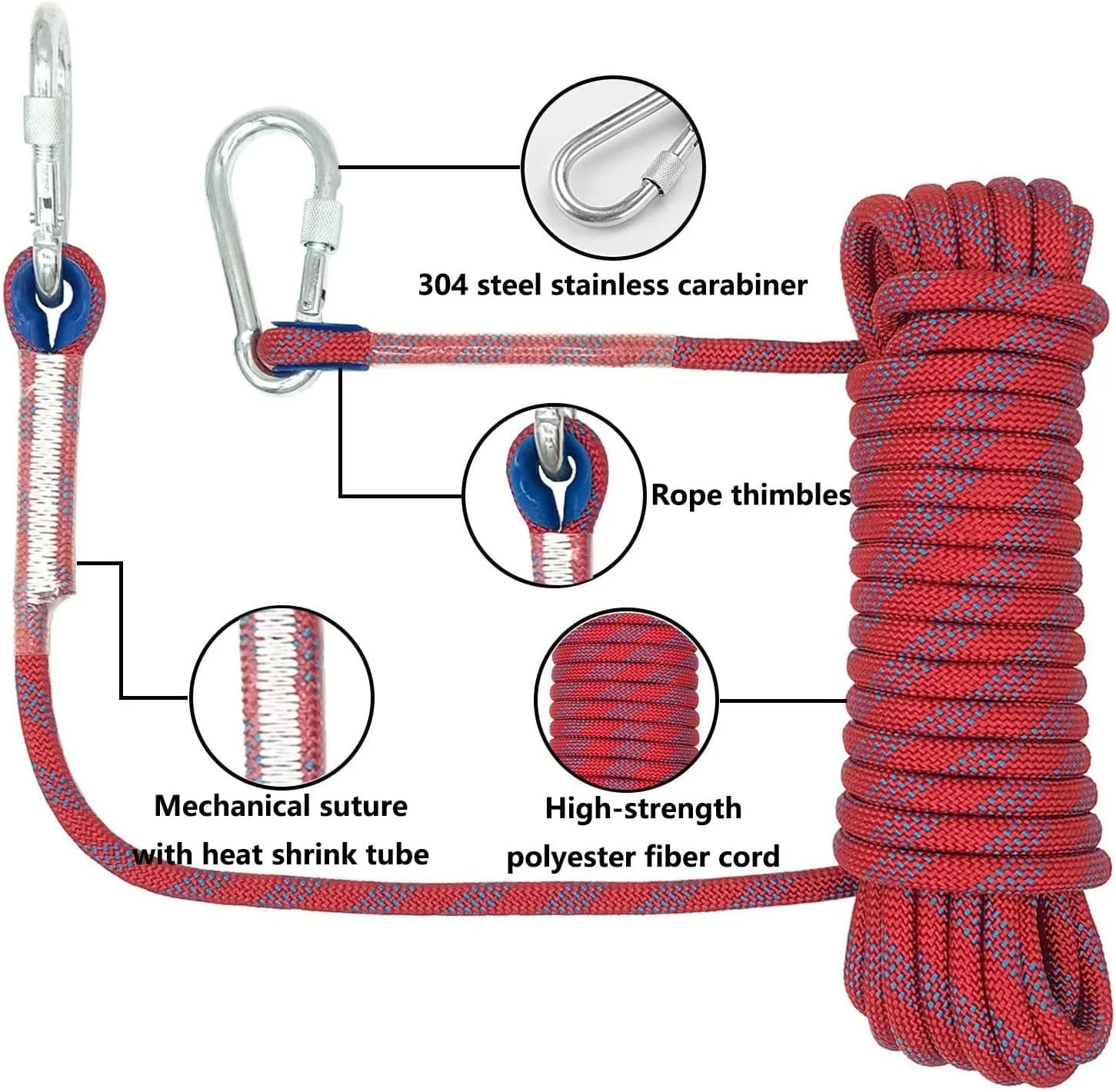 Rock climbing rope, static climbing rope, safety rope for outdoors, with 2 buckles for climbing, climbing artist climbs the tree to rescue the hook, life rope and cu