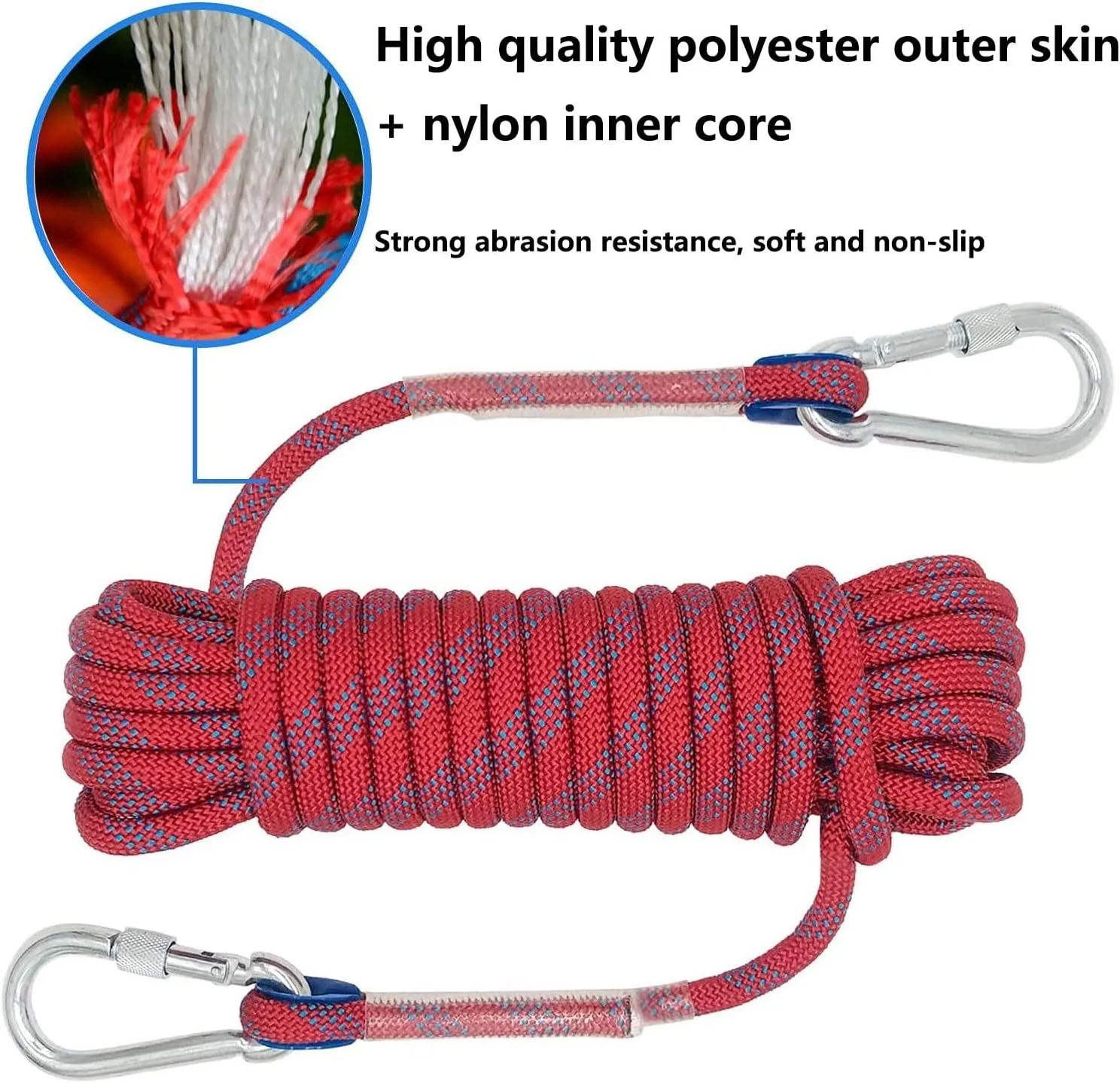 Rock climbing rope, static climbing rope, safety rope for outdoors, with 2 buckles for climbing, climbing artist climbs the tree to rescue the hook, life rope and cu
