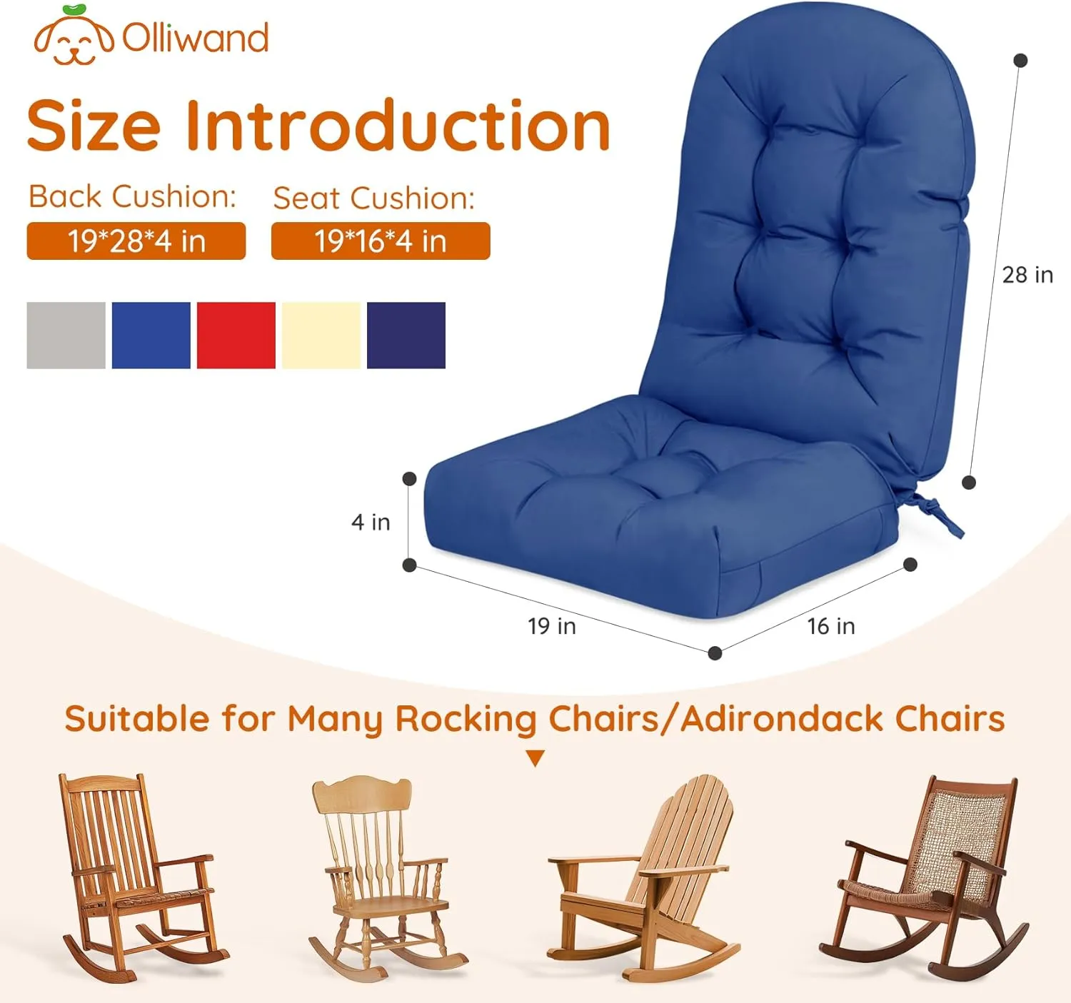 Rocking Chair Cushion Outdoor/Indoor 44x19 Inch, Waterproof Thick High Back Patio Chair Cushions, 3 Non-Slip Designs of Tufted Rocking Chair Pads, Blue