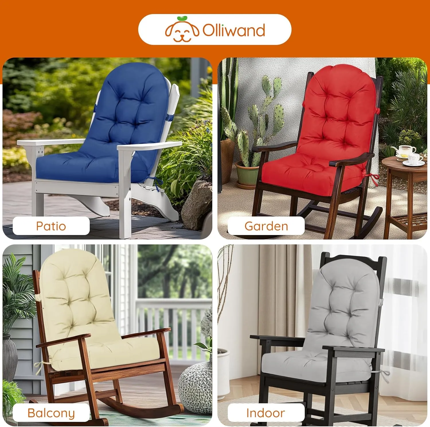 Rocking Chair Cushion Outdoor/Indoor 44x19 Inch, Waterproof Thick High Back Patio Chair Cushions, 3 Non-Slip Designs of Tufted Rocking Chair Pads, Grey