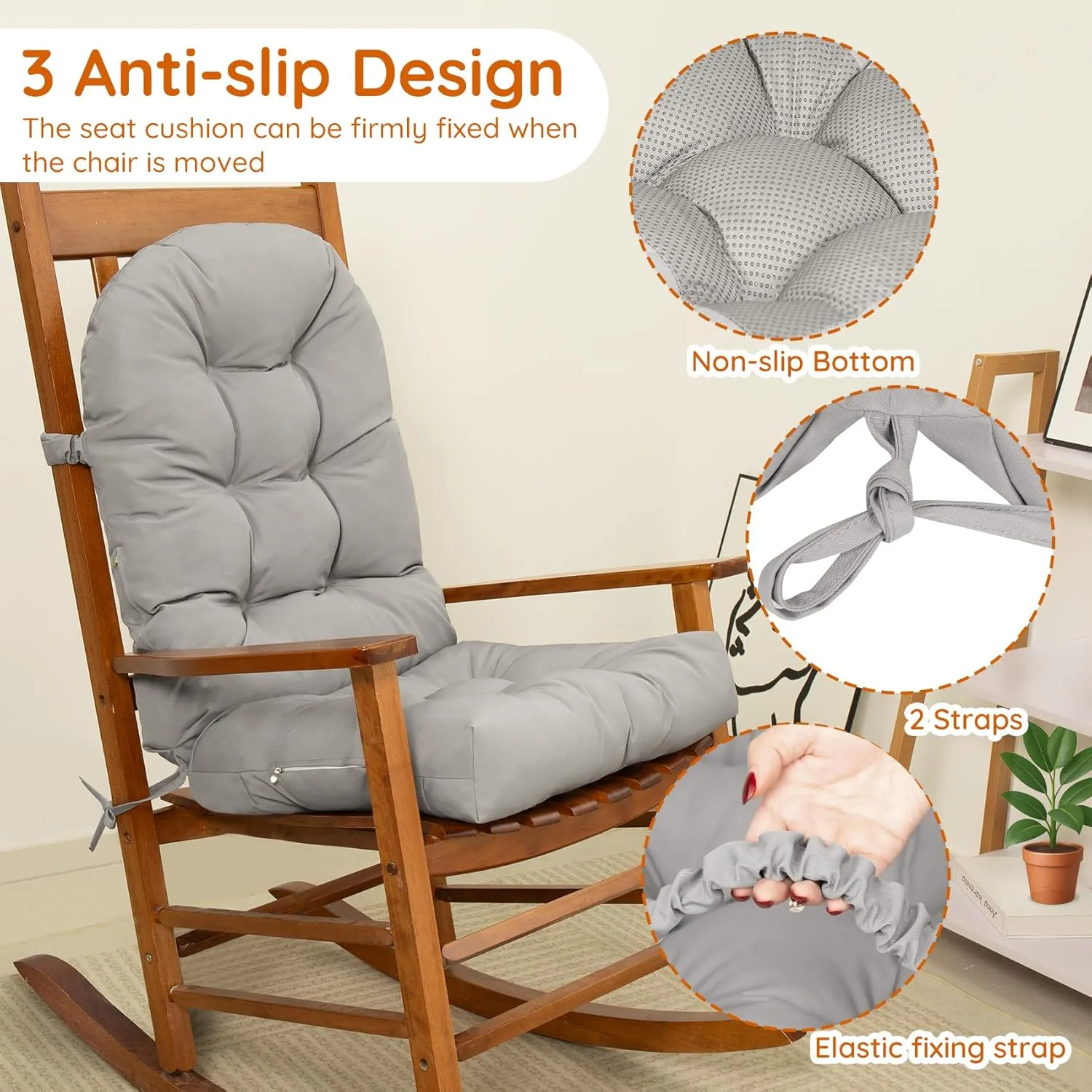 Rocking Chair Cushion Outdoor/Indoor 44x19 Inch, Waterproof Thick High Back Patio Chair Cushions, 3 Non-Slip Designs of Tufted Rocking Chair Pads, Grey