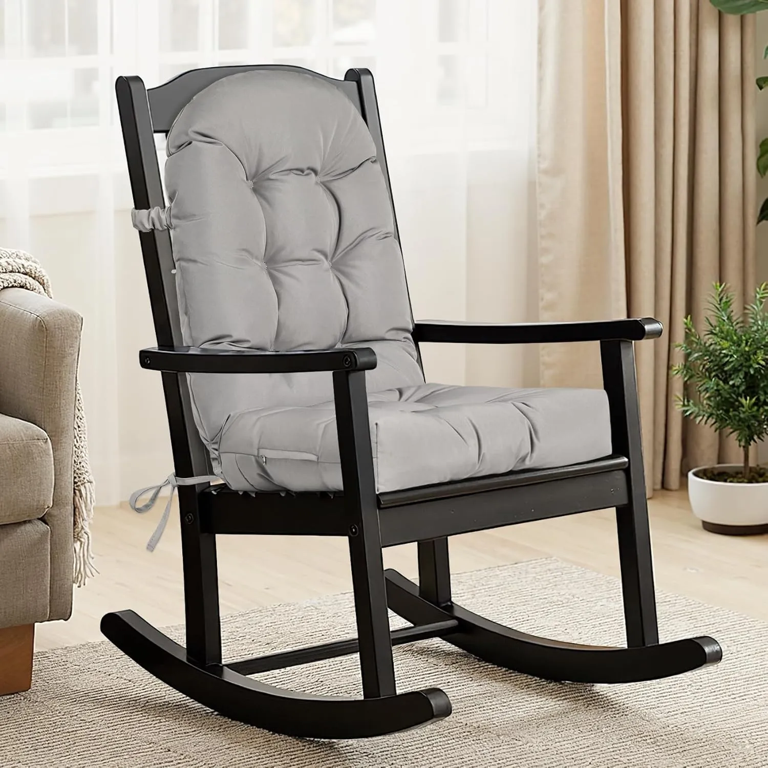 Rocking Chair Cushion Outdoor/Indoor 44x19 Inch, Waterproof Thick High Back Patio Chair Cushions, 3 Non-Slip Designs of Tufted Rocking Chair Pads, Grey