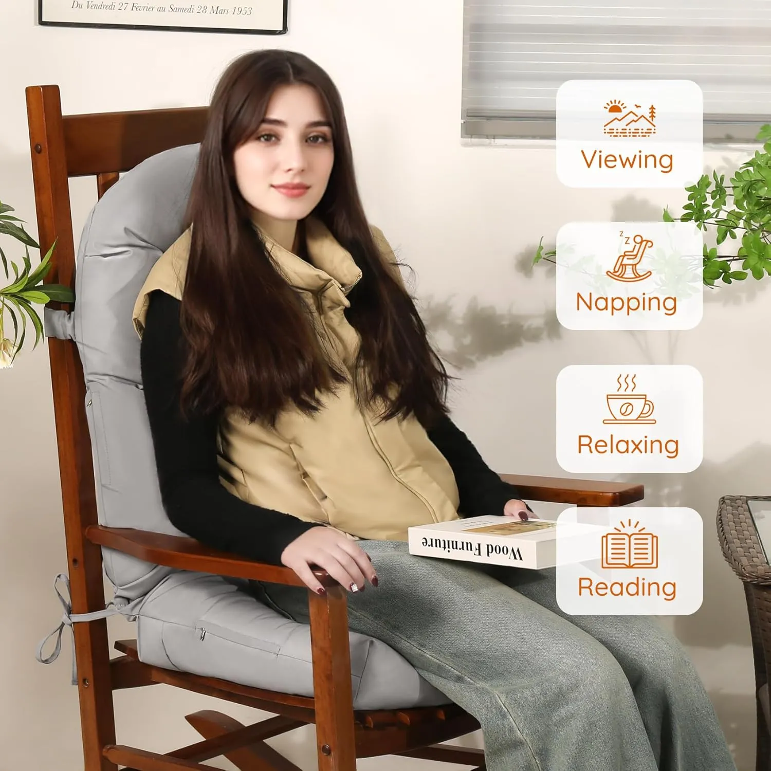 Rocking Chair Cushion Outdoor/Indoor 44x19 Inch, Waterproof Thick High Back Patio Chair Cushions, 3 Non-Slip Designs of Tufted Rocking Chair Pads, Grey