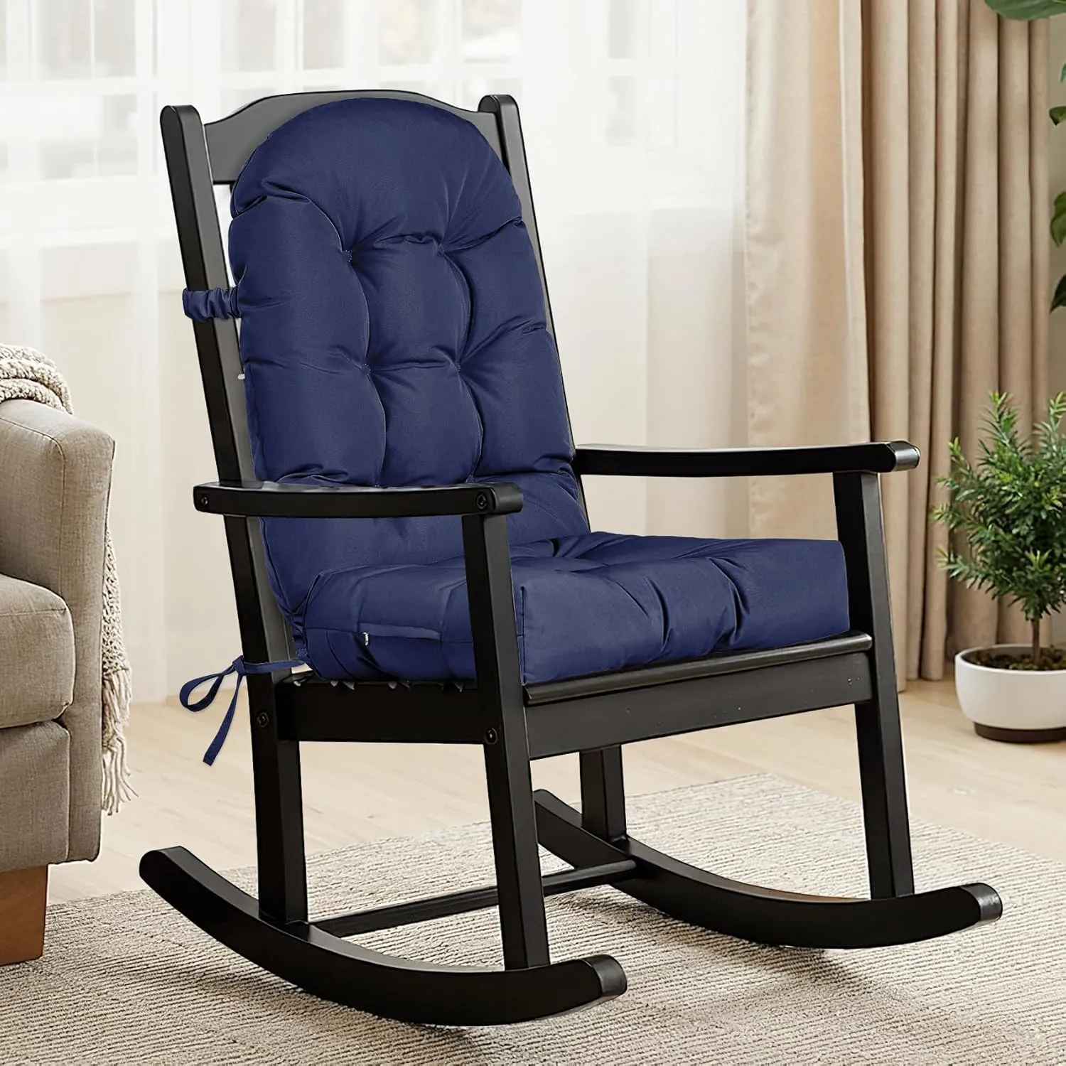 Rocking Chair Cushion Outdoor/Indoor 44x19 Inch, Waterproof Thick High Back Patio Chair Cushions, 3 Non-Slip Designs of Tufted Rocking Chair Pads, Navy Blue