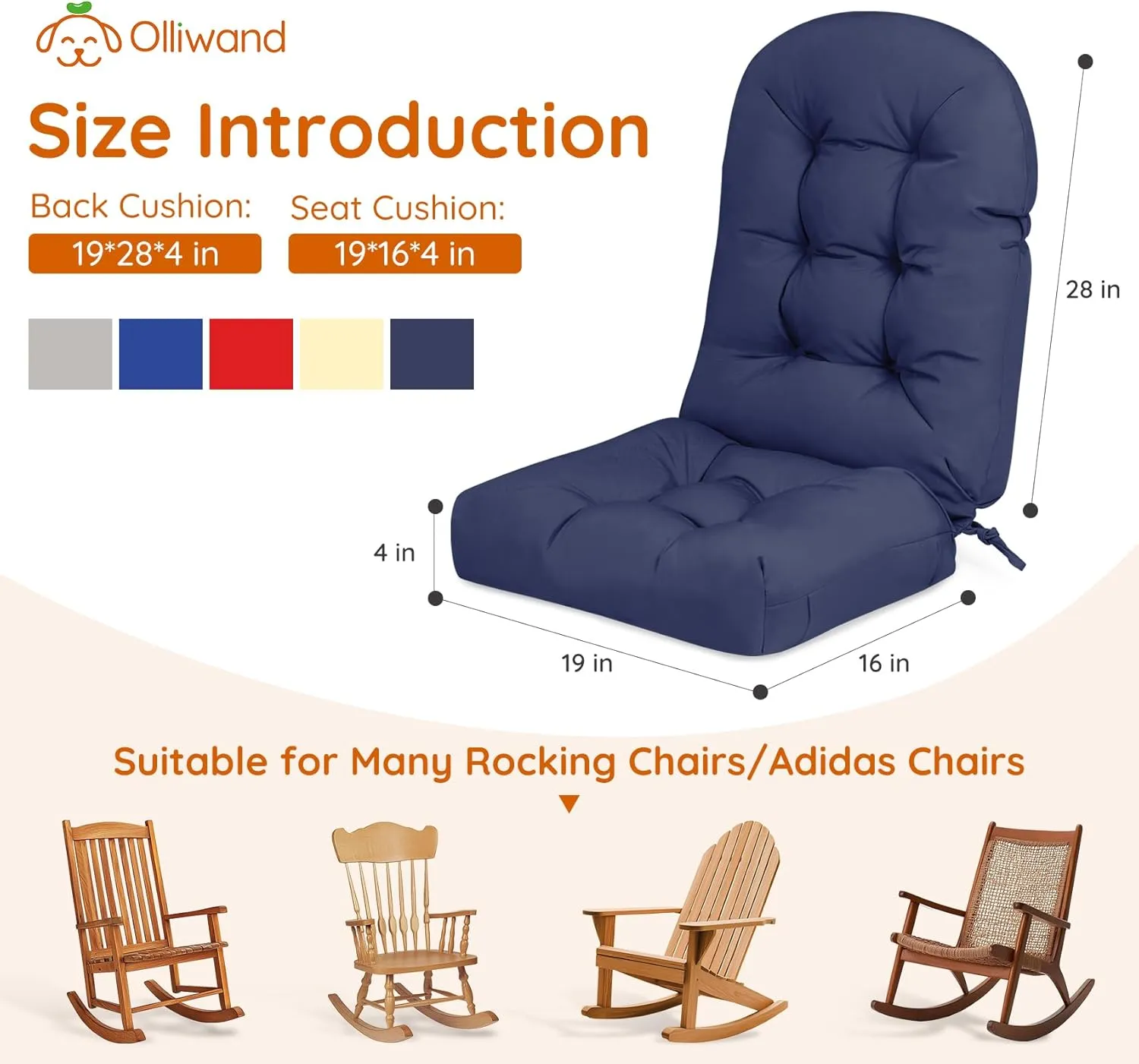 Rocking Chair Cushion Outdoor/Indoor 44x19 Inch, Waterproof Thick High Back Patio Chair Cushions, 3 Non-Slip Designs of Tufted Rocking Chair Pads, Navy Blue