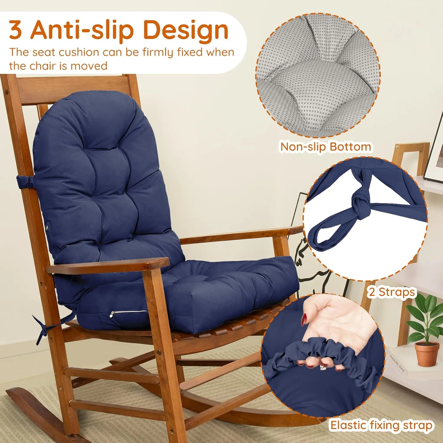 Rocking Chair Cushion Outdoor/Indoor 44x19 Inch, Waterproof Thick High Back Patio Chair Cushions, 3 Non-Slip Designs of Tufted Rocking Chair Pads, Navy Blue