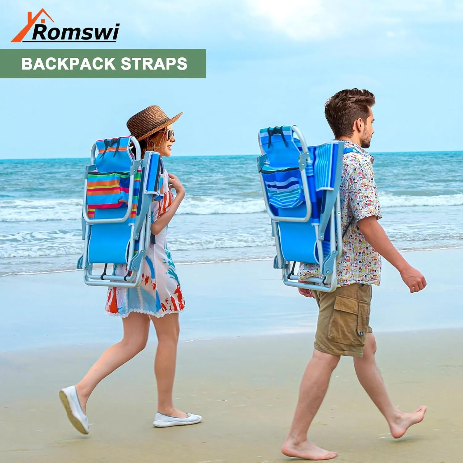 Romswi Beach Chairs 5 Position, 2 Pack Portable Folding Backpack Beach Chair Heavy Duty with Cooler Bag, Cup Holder for Outdoor Lawn Picnic Sport,Aluminum Foldable Camping Chair