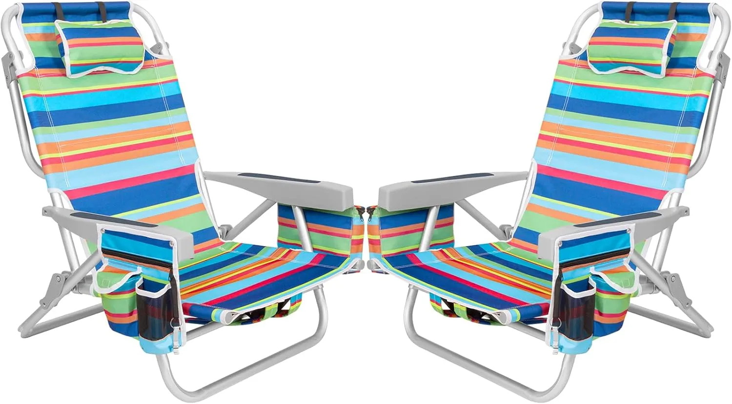 Romswi Beach Chairs 5 Position, 2 Pack Portable Folding Backpack Beach Chair Heavy Duty with Cooler Bag, Cup Holder for Outdoor Lawn Picnic Sport,Aluminum Foldable Camping Chair