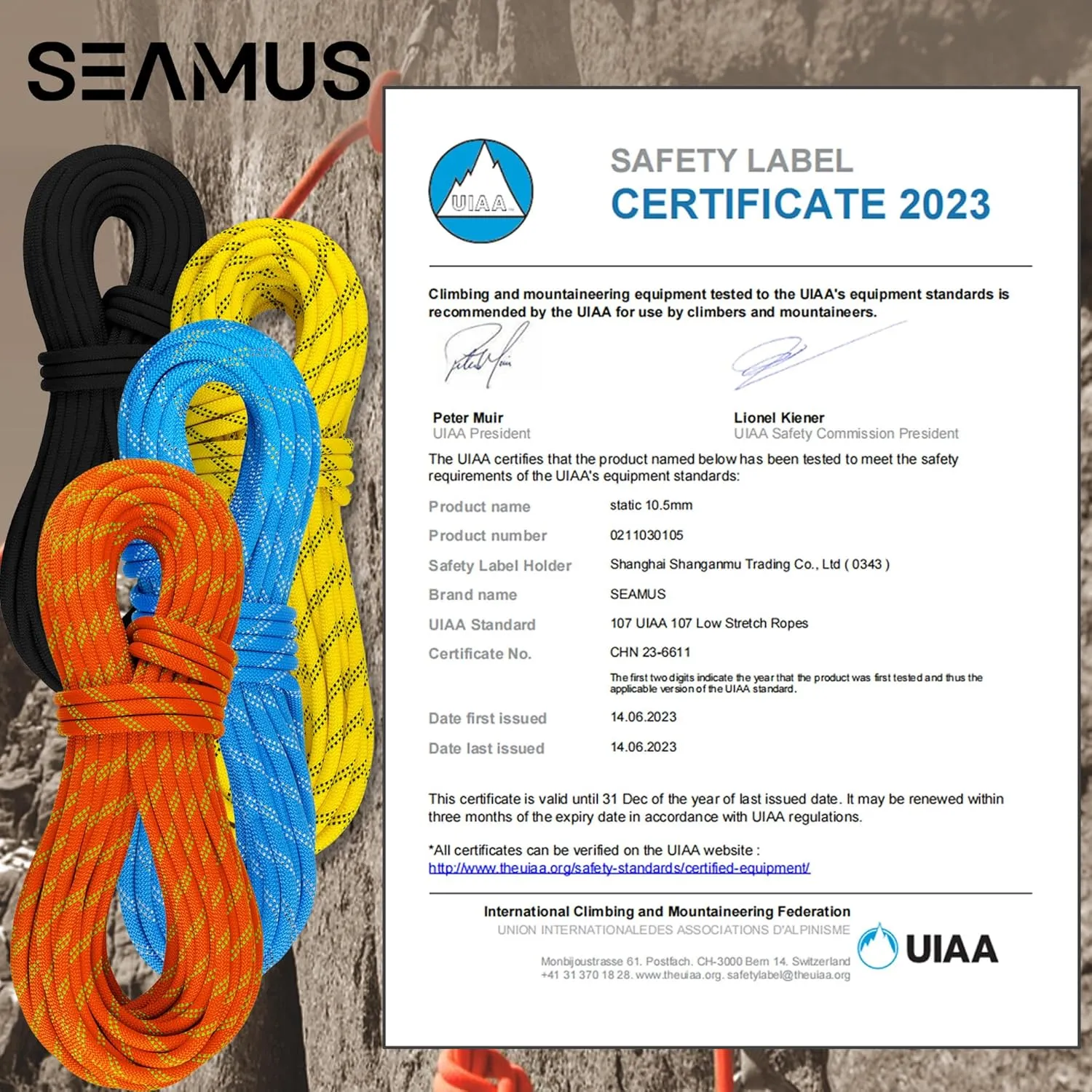 SEAMUS Static Rope 11mm UIAA Rappelling Rope 45M (150ft) Static Line Nylon Kern Mantle Rope for Rock Climbing, Mountain Tree Climbing, Hauling, Rescue