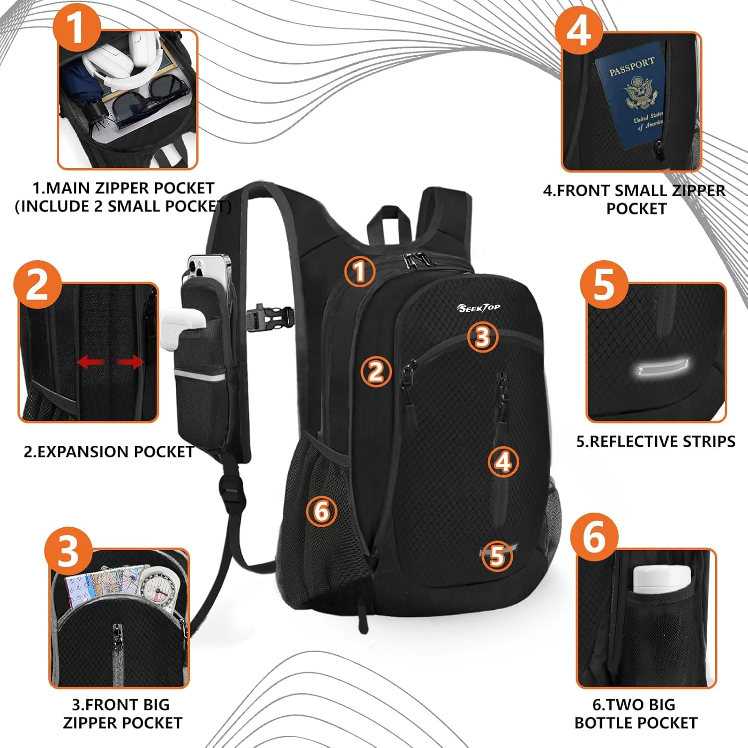 Seektop Small Hiking Backpack 12L to 15L Expandable Travel Packable Waterproof Daypack Lightweight Hiking Bag for Women Men