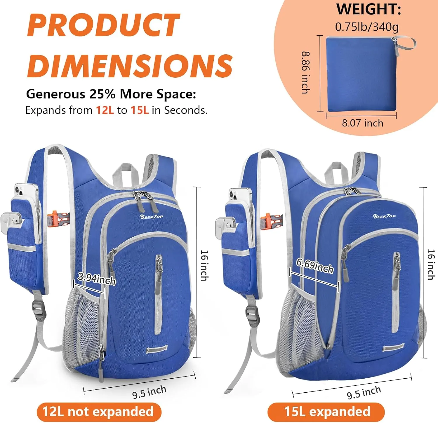 Seektop Small Hiking Backpack 12L to 15L Expandable Travel Packable Waterproof Daypack Lightweight Hiking Bag for Women Men