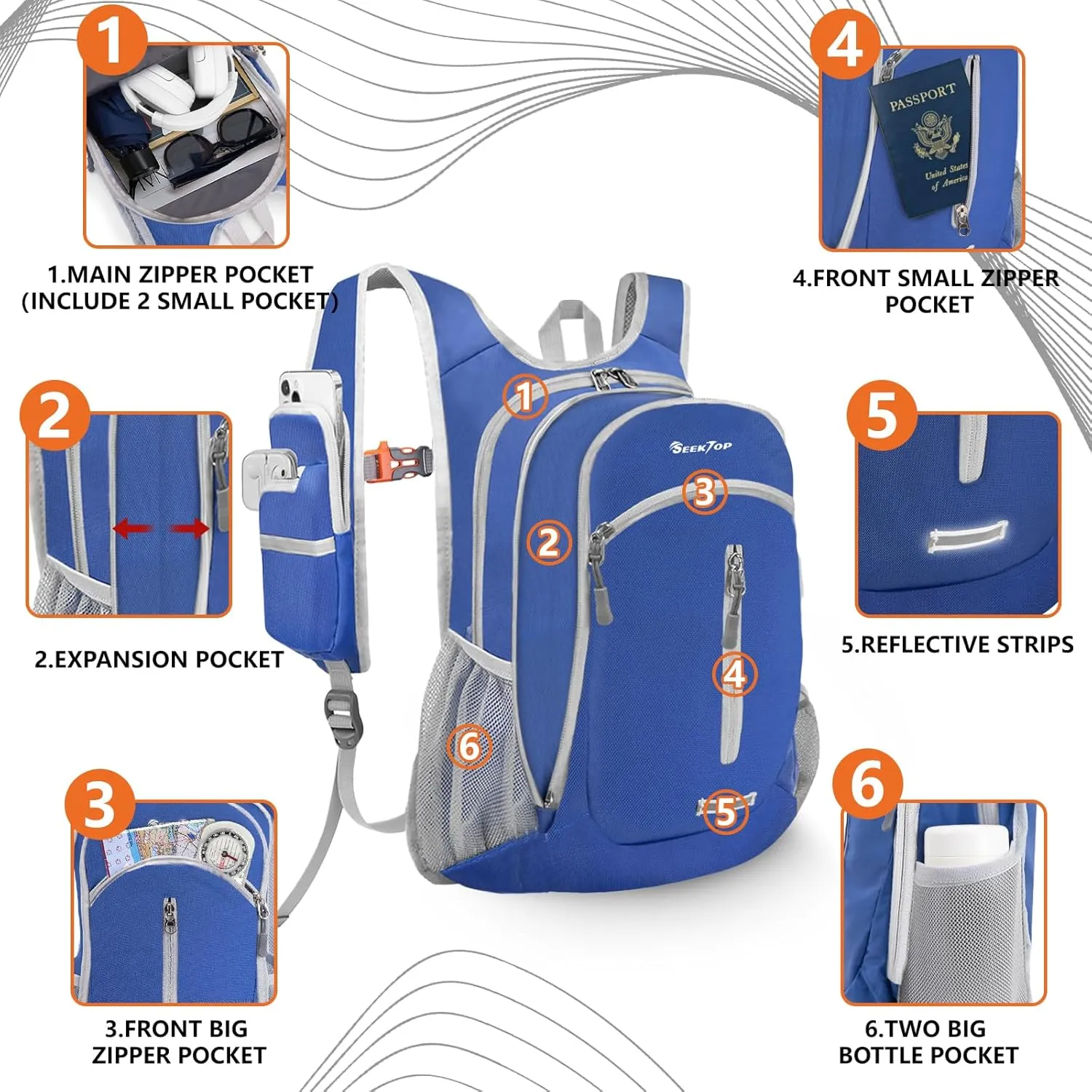 Seektop Small Hiking Backpack 12L to 15L Expandable Travel Packable Waterproof Daypack Lightweight Hiking Bag for Women Men