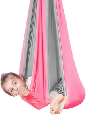 Sensory Swing for Kids & Adults – 300lbs Capacity Double-Layer Therapy Hammock with Adjustable Height & 360° Rotation for Indoor/Outdoor Use (Pink   Gray)