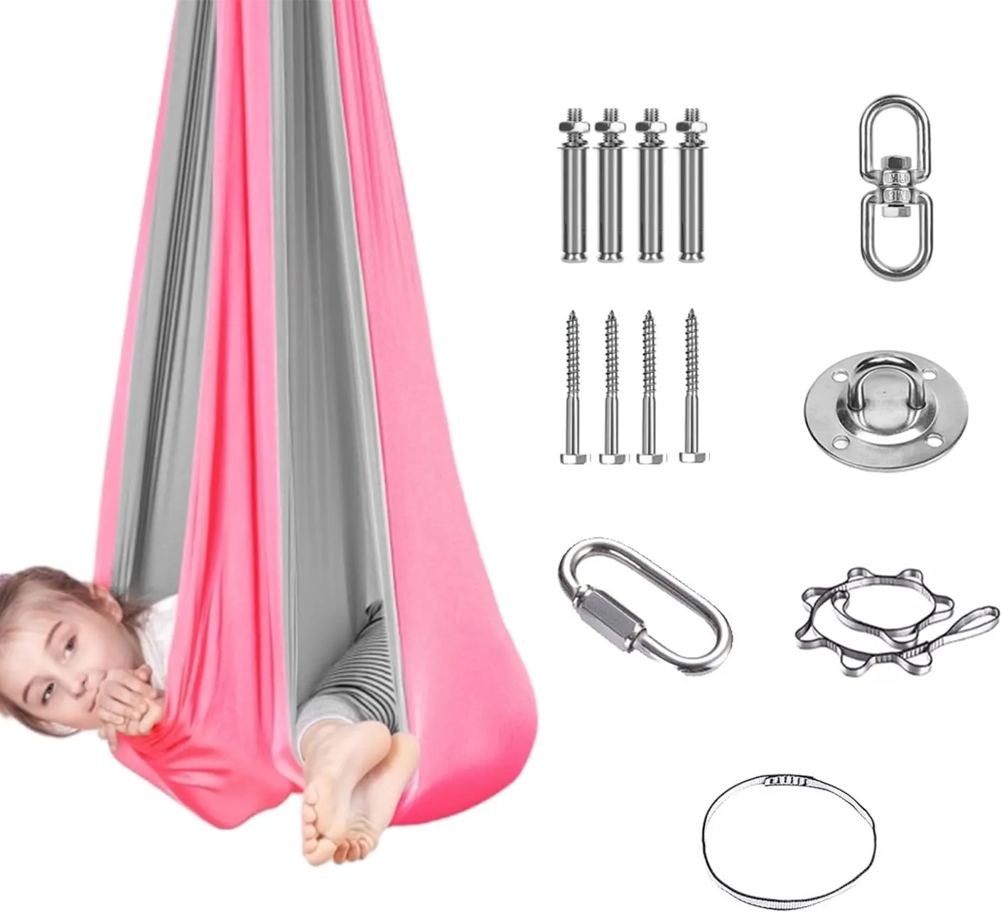 Sensory Swing for Kids & Adults – 300lbs Capacity Double-Layer Therapy Hammock with Adjustable Height & 360° Rotation for Indoor/Outdoor Use (Pink   Gray)