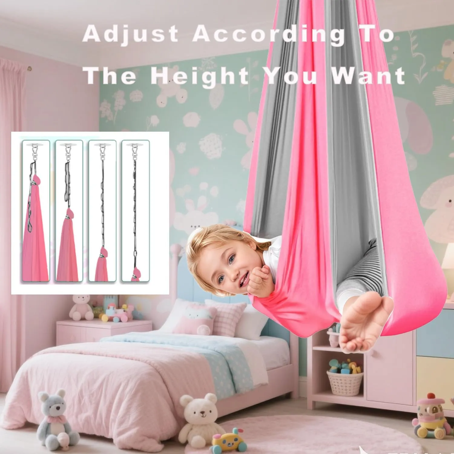 Sensory Swing for Kids & Adults – 300lbs Capacity Double-Layer Therapy Hammock with Adjustable Height & 360° Rotation for Indoor/Outdoor Use (Pink   Gray)