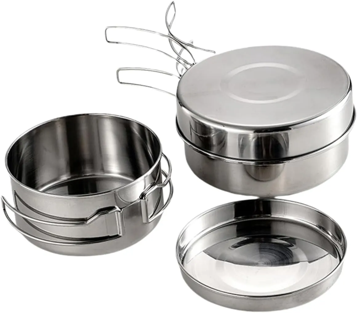 Set of Camping Pot Pan Stainless Steel Outdoor Cookware Easy Clean Cooking Pots for Hiking