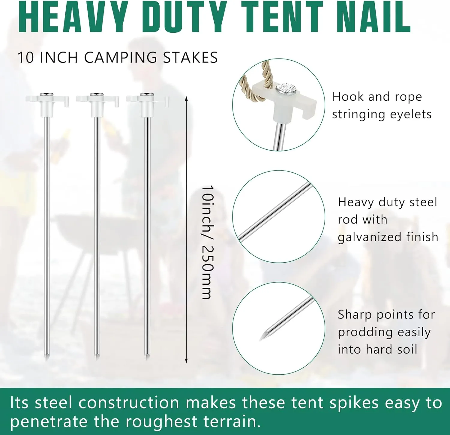 Shimeyao 10" Tent Stakes Camping Heavy Duty Stakes Bulk Metal Ground Pegs Camping Spikes Galvanized for Outdoor Pitching Canopy