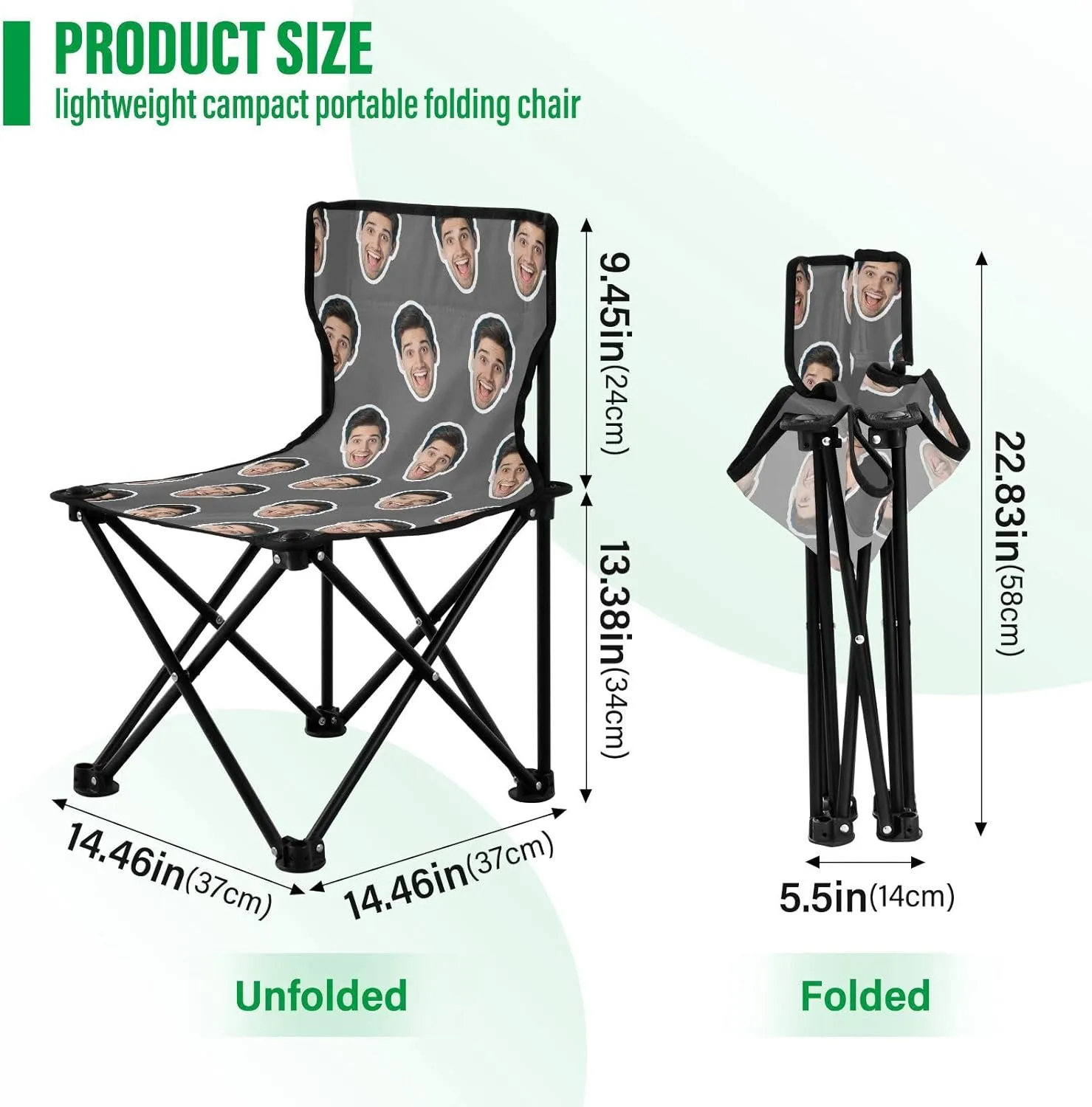 Sinestour Dark Gray Custom Folding Camping Chair Personalized Photo Face Outdoor Chair with Carry Bag for Picnic Barbeques Beach