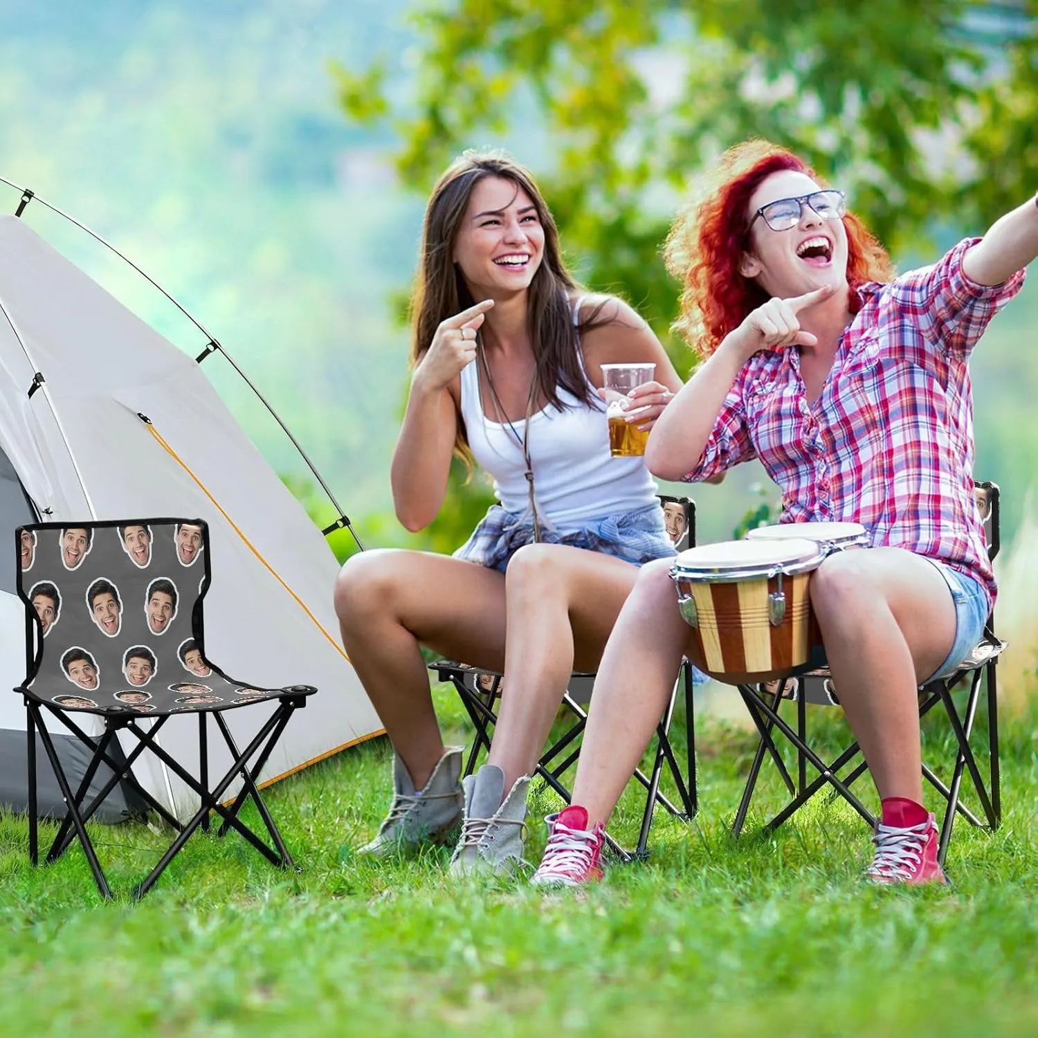 Sinestour Dark Gray Custom Folding Camping Chair Personalized Photo Face Outdoor Chair with Carry Bag for Picnic Barbeques Beach