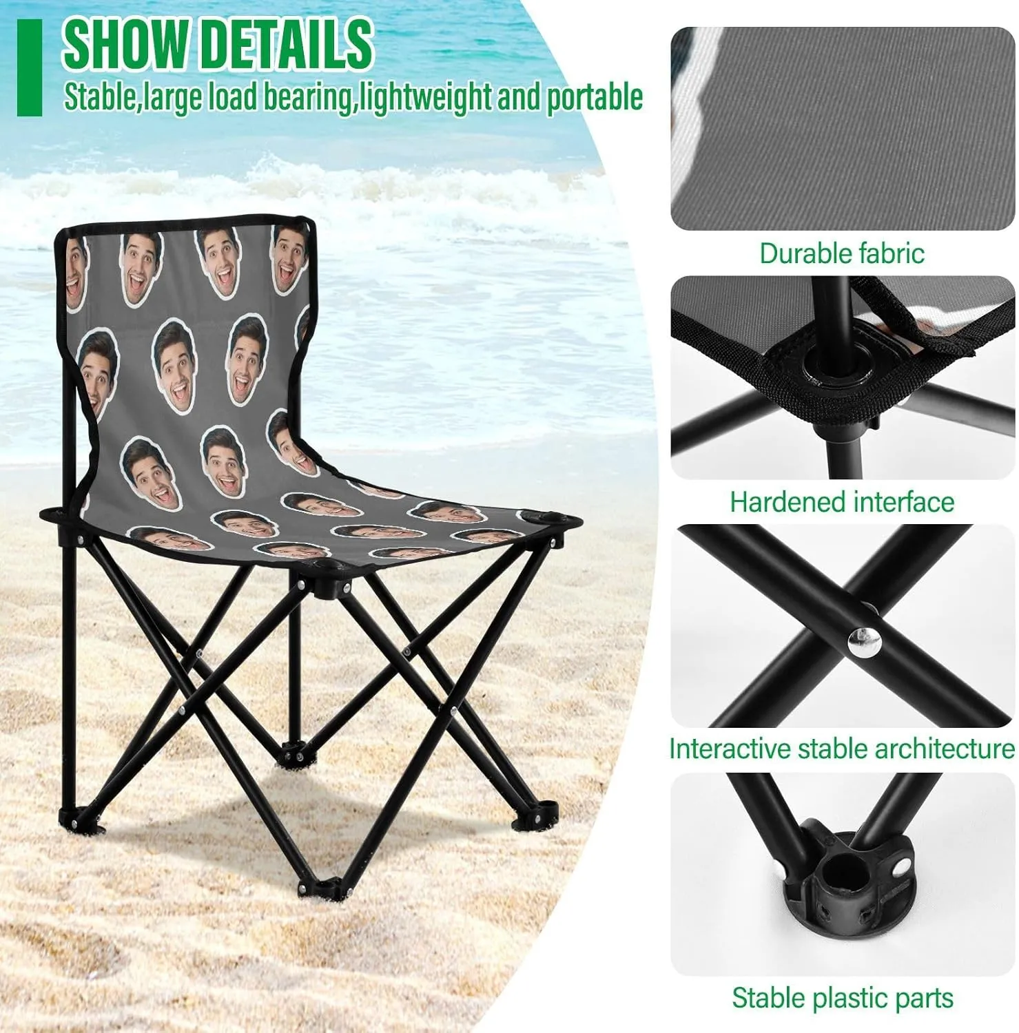 Sinestour Dark Gray Custom Folding Camping Chair Personalized Photo Face Outdoor Chair with Carry Bag for Picnic Barbeques Beach