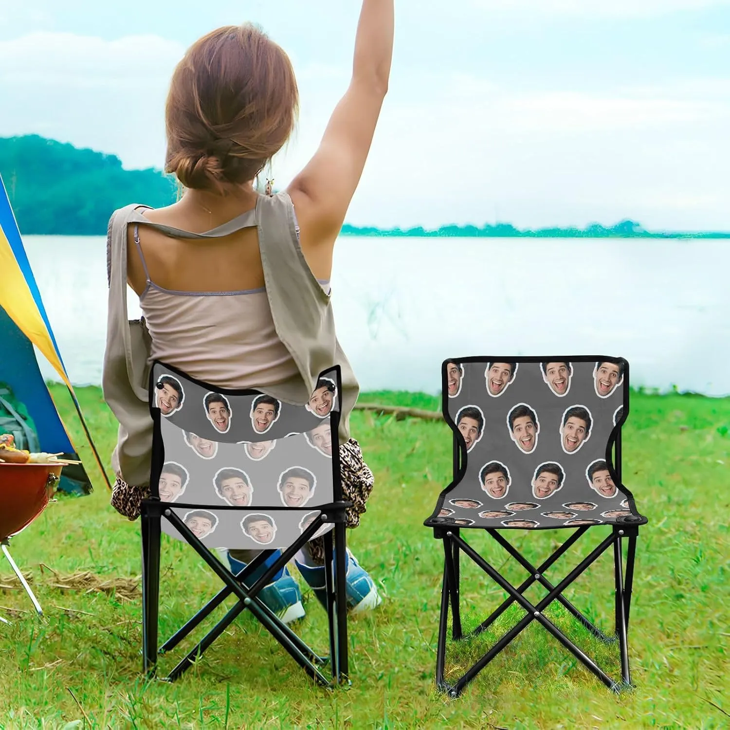 Sinestour Dark Gray Custom Folding Camping Chair Personalized Photo Face Outdoor Chair with Carry Bag for Picnic Barbeques Beach