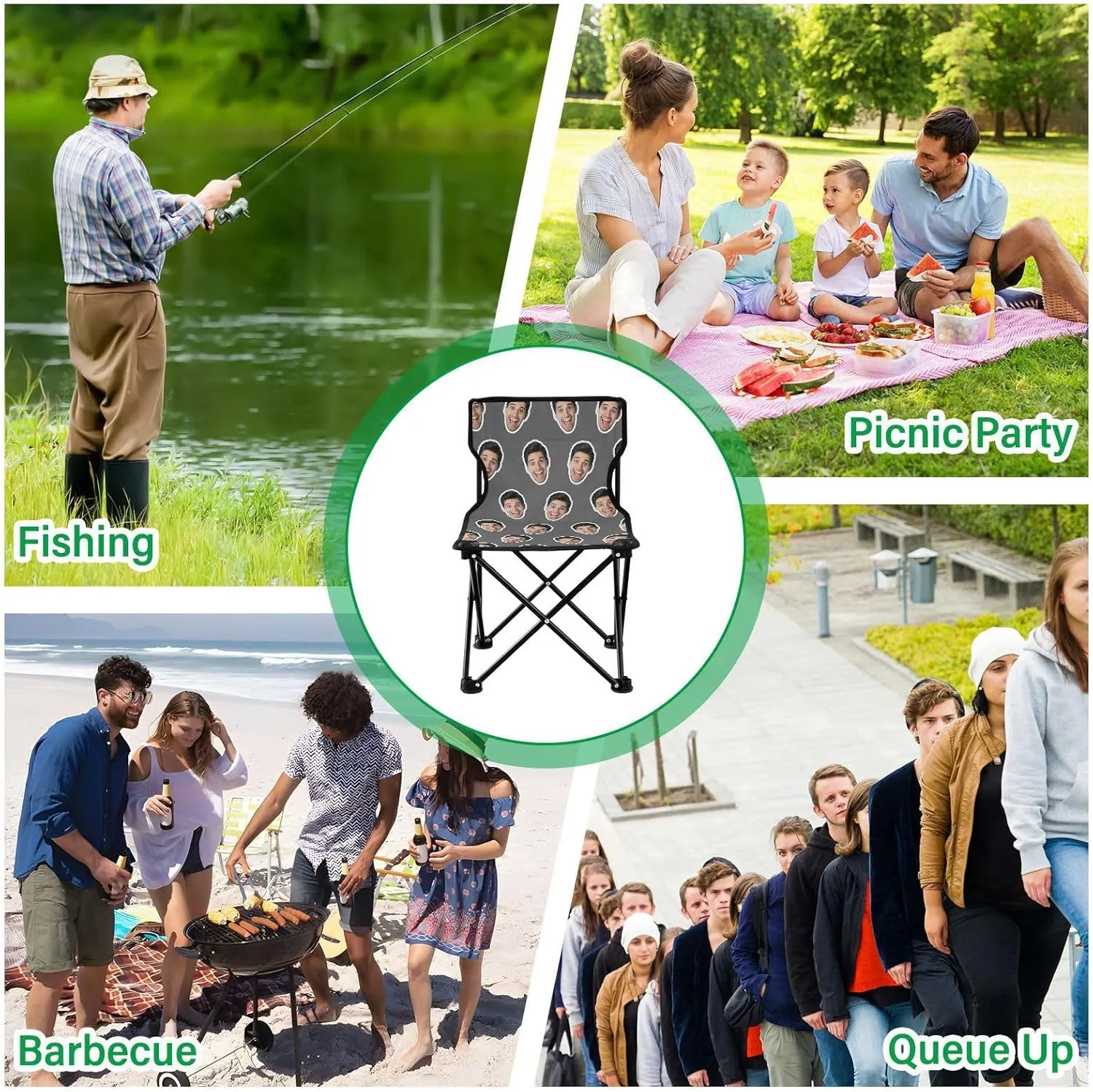Sinestour Dark Gray Custom Folding Camping Chair Personalized Photo Face Outdoor Chair with Carry Bag for Picnic Barbeques Beach