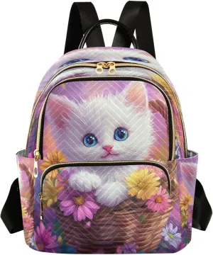 Sinestour Kitten Basket Flowers Purple Women Backpack Purse Large Capacity Casual Daypack Leather Handle Travel Camping Work Backpack