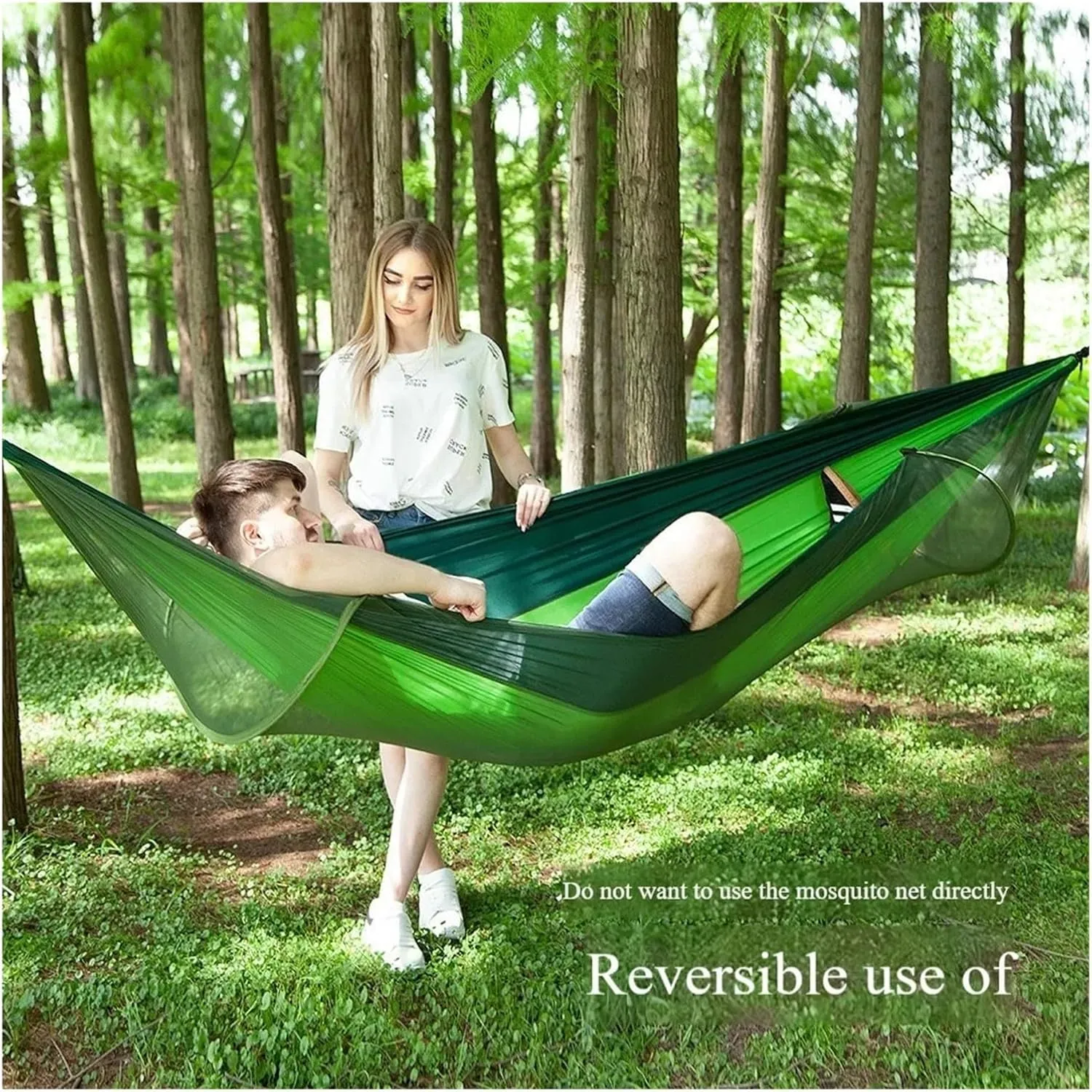 Single and Double Size Nylon Fabric Portable Travel Outdoor Camping Hanging Sleeping Hammock with Mosquito Net Camping Supplies for Terrace, Outdoor(Black)