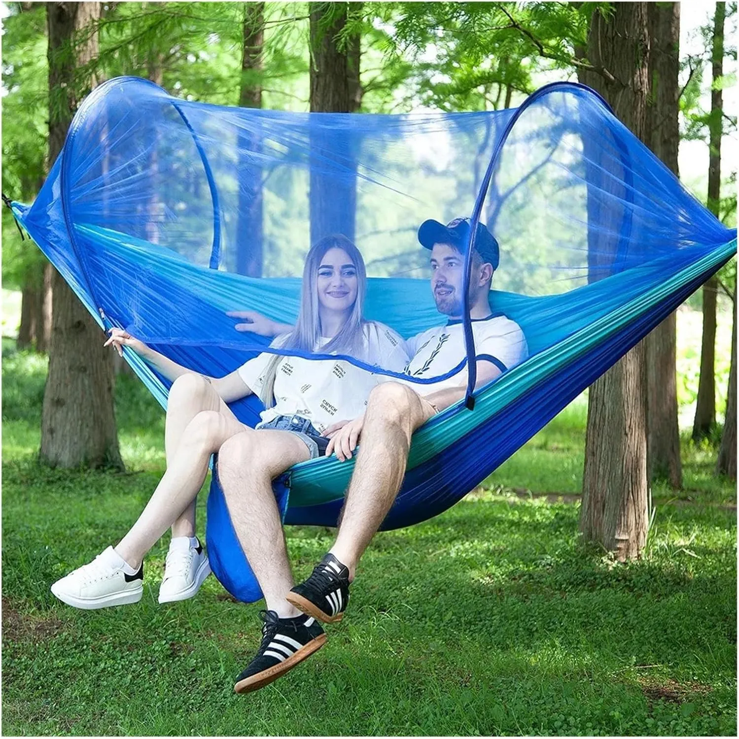 Single and Double Size Nylon Fabric Portable Travel Outdoor Camping Hanging Sleeping Hammock with Mosquito Net Camping Supplies for Terrace, Outdoor(Black)