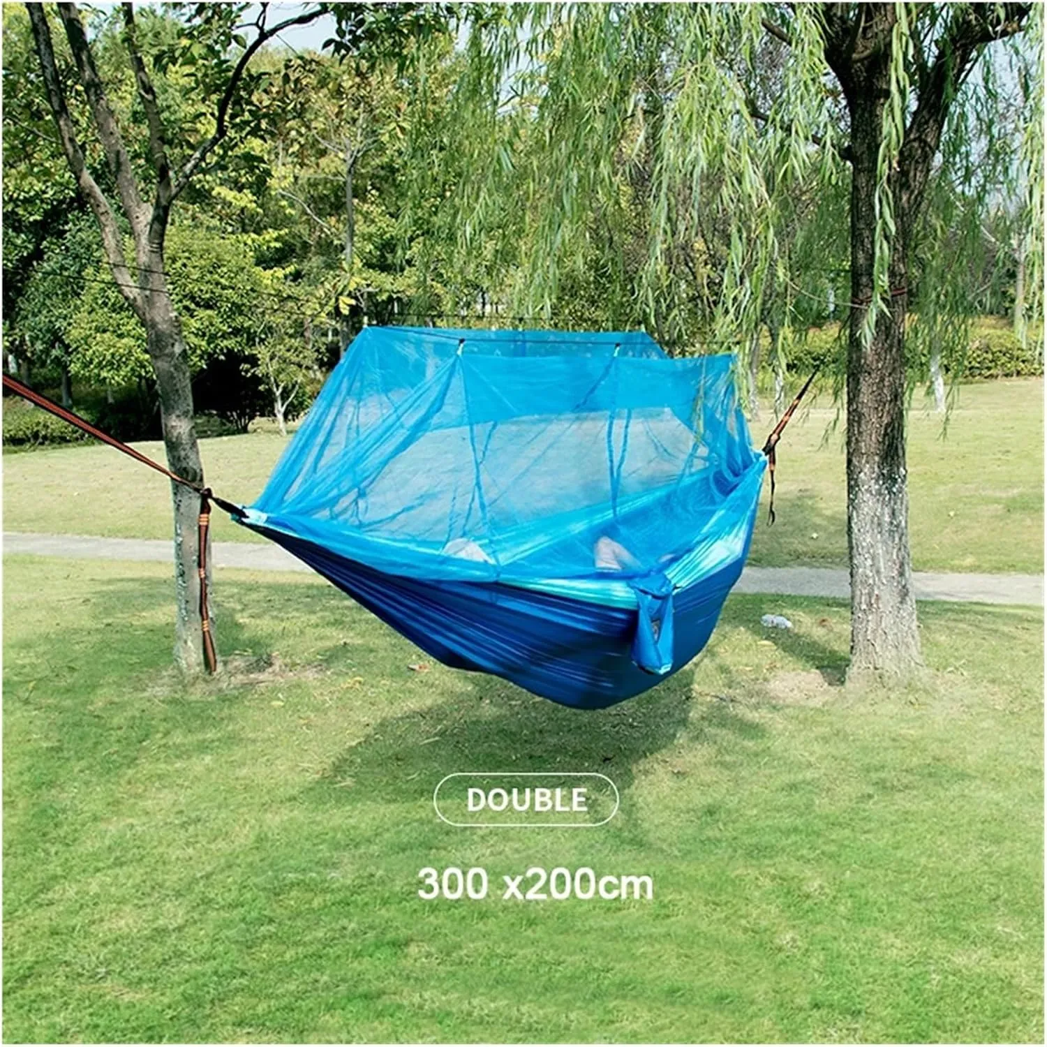 Single and Double Size Nylon Fabric Portable Travel Outdoor Camping Hanging Sleeping Hammock with Mosquito Net for Terrace, Outdoor(Double Blue Pink)
