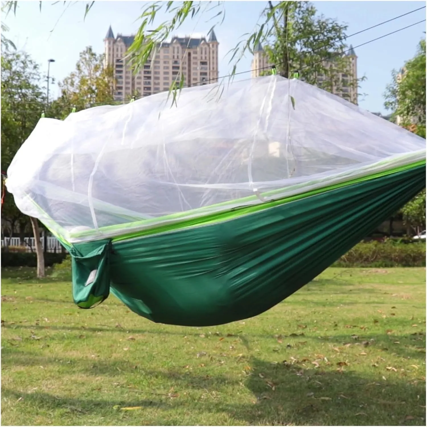 Single and Double Size Nylon Fabric Portable Travel Outdoor Camping Hanging Sleeping Hammock with Mosquito Net for Terrace, Outdoor(Double Blue Pink)