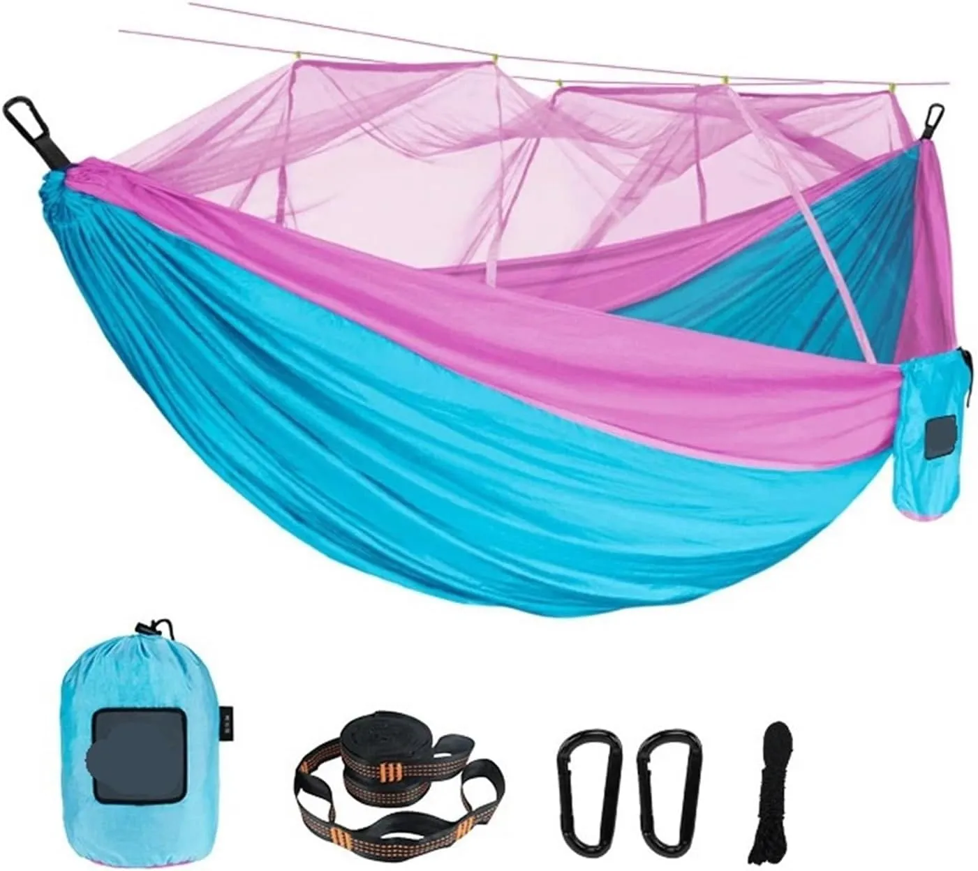 Single and Double Size Nylon Fabric Portable Travel Outdoor Camping Hanging Sleeping Hammock with Mosquito Net for Terrace, Outdoor(Double Blue Pink)