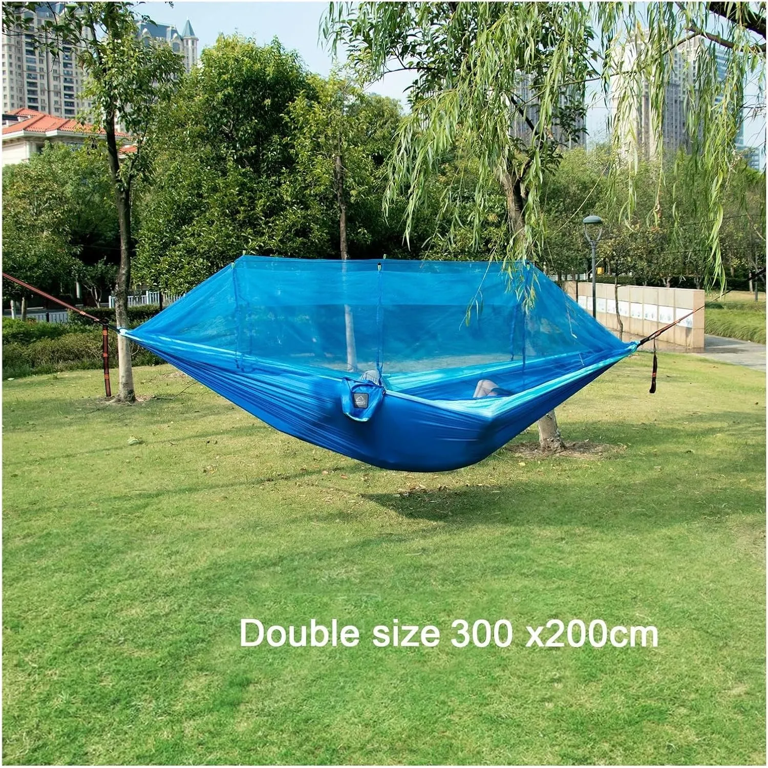 Single and Double Size Nylon Fabric Portable Travel Outdoor Camping Hanging Sleeping Hammock with Mosquito Net for Terrace, Outdoor(Double Blue Pink)