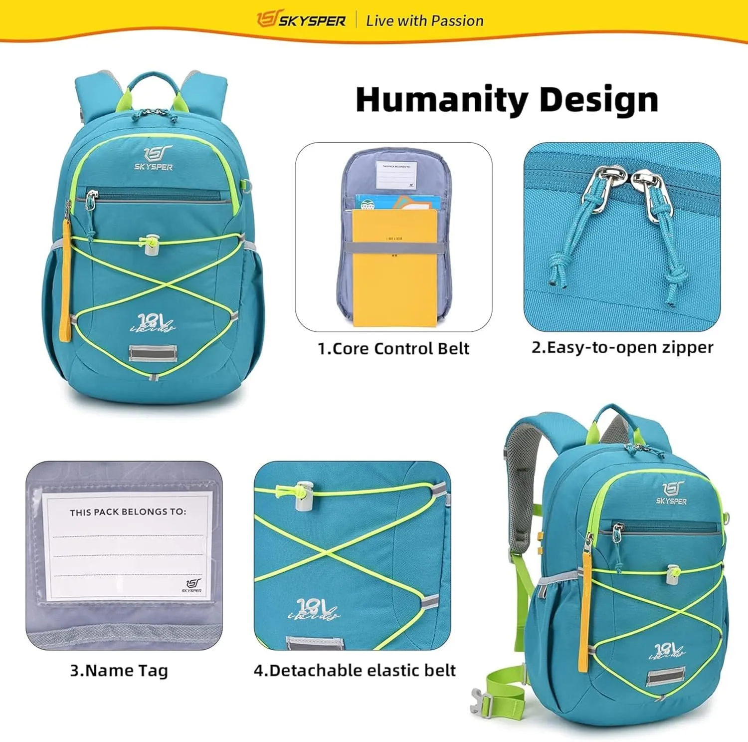 SKYSPER Kids Backpack 18L Children School Bag Child Boy Girl Pack Ages 4-8 for Traveling Day Trips Classes(Green)