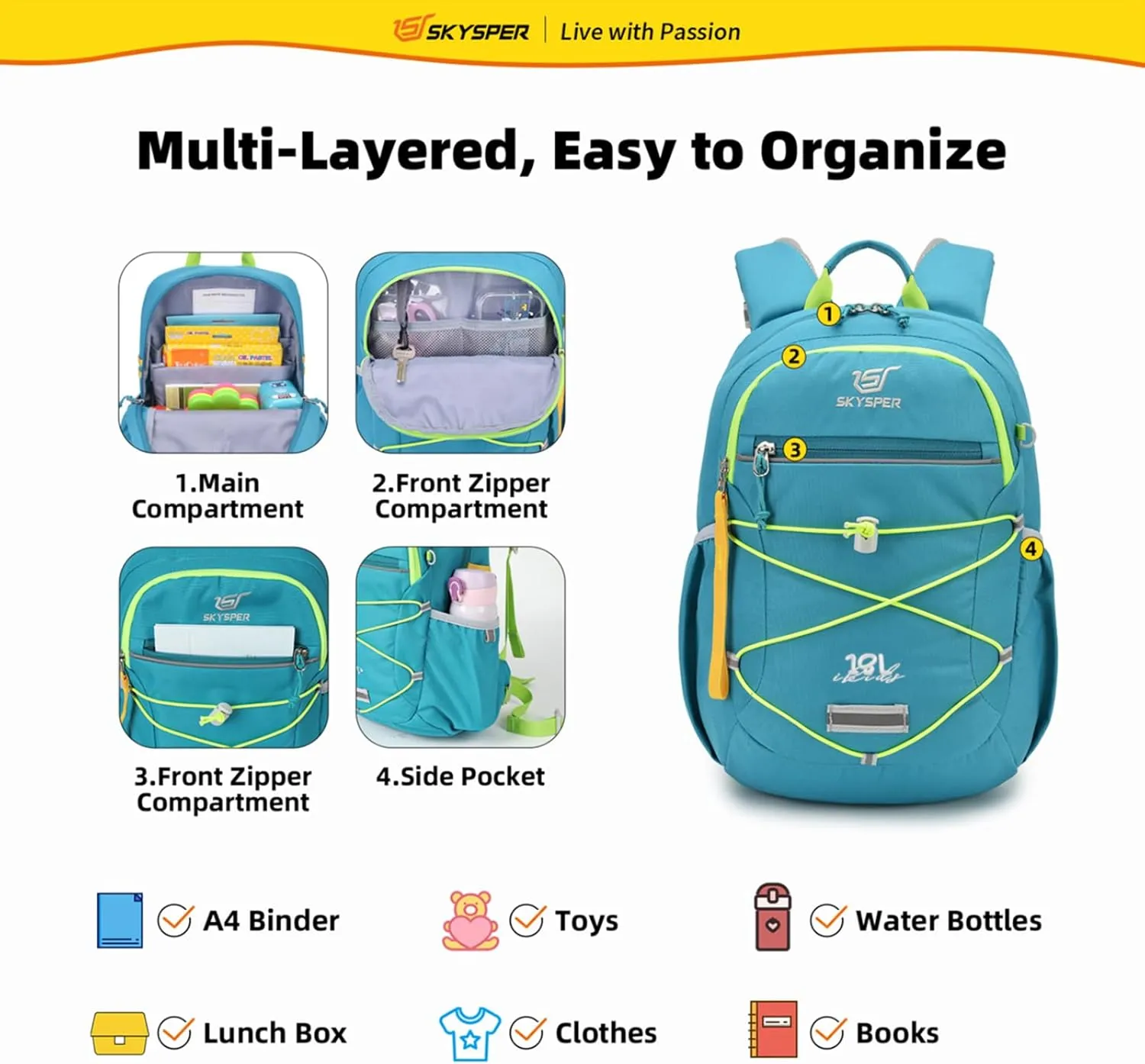 SKYSPER Kids Backpack 18L Children School Bag Child Boy Girl Pack Ages 4-8 for Traveling Day Trips Classes(Green)