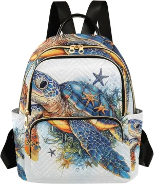 Small Backpack Purse for Women, Blue Sea Turtle Seagrass Starfish Travel Bag Casual Daypack Shoulder Bag