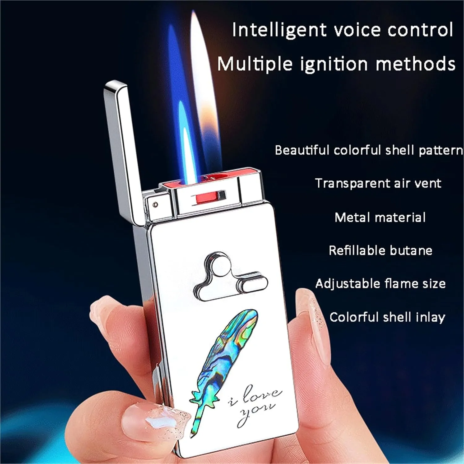 Smart Voice Control 5 Ignition Modes Dual Flame Butane Windproof Lighter, Refillable Fuel, Metal Flip Cap, Suitable for Candle Camping (Butane Not Included)(White3)
