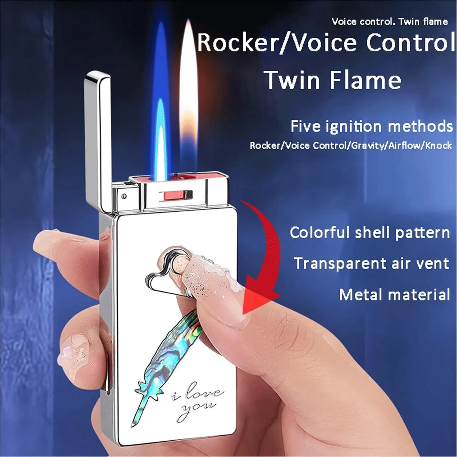 Smart Voice Control 5 Ignition Modes Dual Flame Butane Windproof Lighter, Refillable Fuel, Metal Flip Cap, Suitable for Candle Camping (Butane Not Included)(White3)